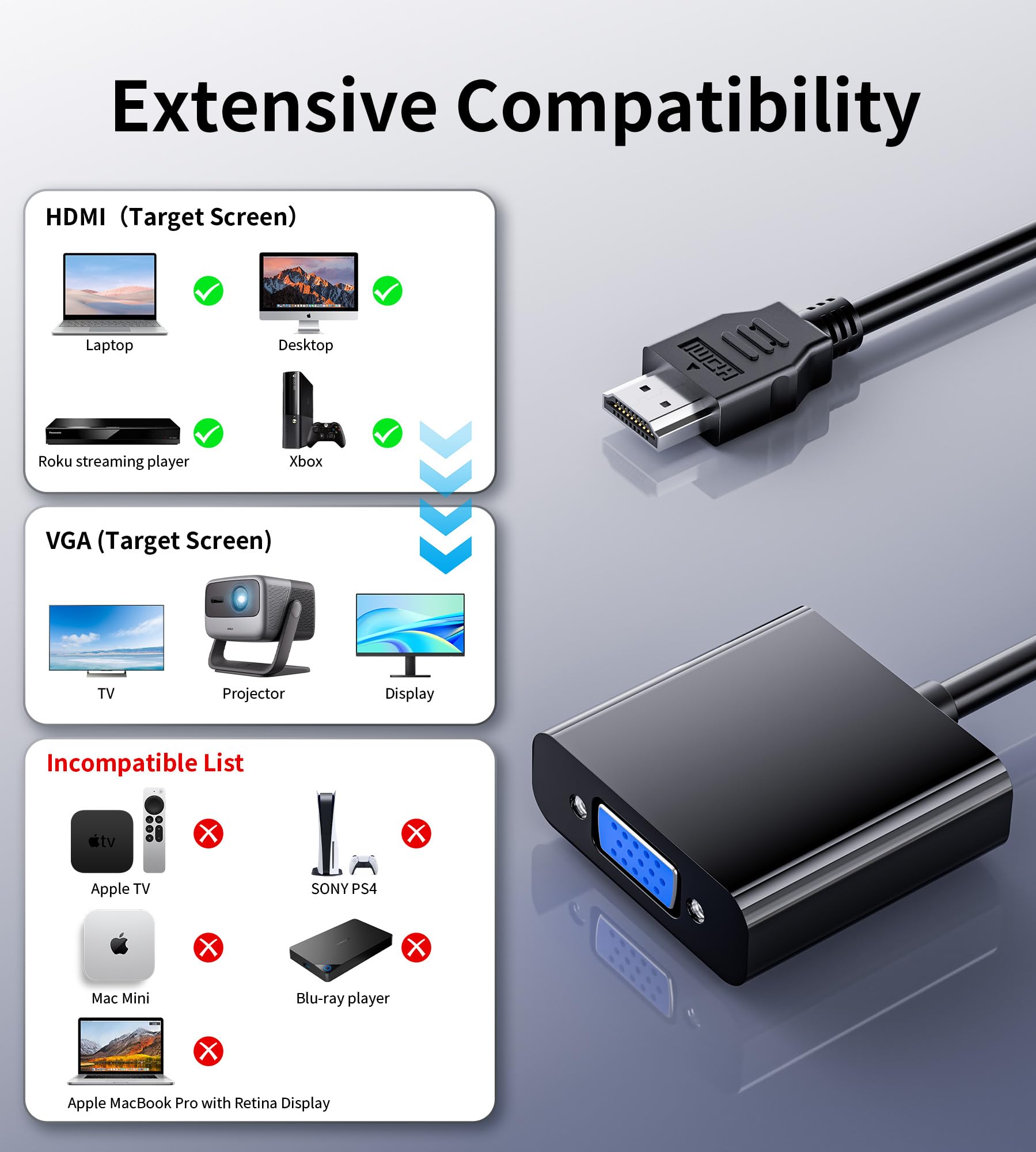 BHHB Adattatore HDMI to VGA (da maschio a femmina) Convertitore HDMI a VGA Cavo per Computer, Desktop, Laptop, PC, Monitor proiettore, HDTV, Chromebook, Raspberry Pi, Roku, Xbox