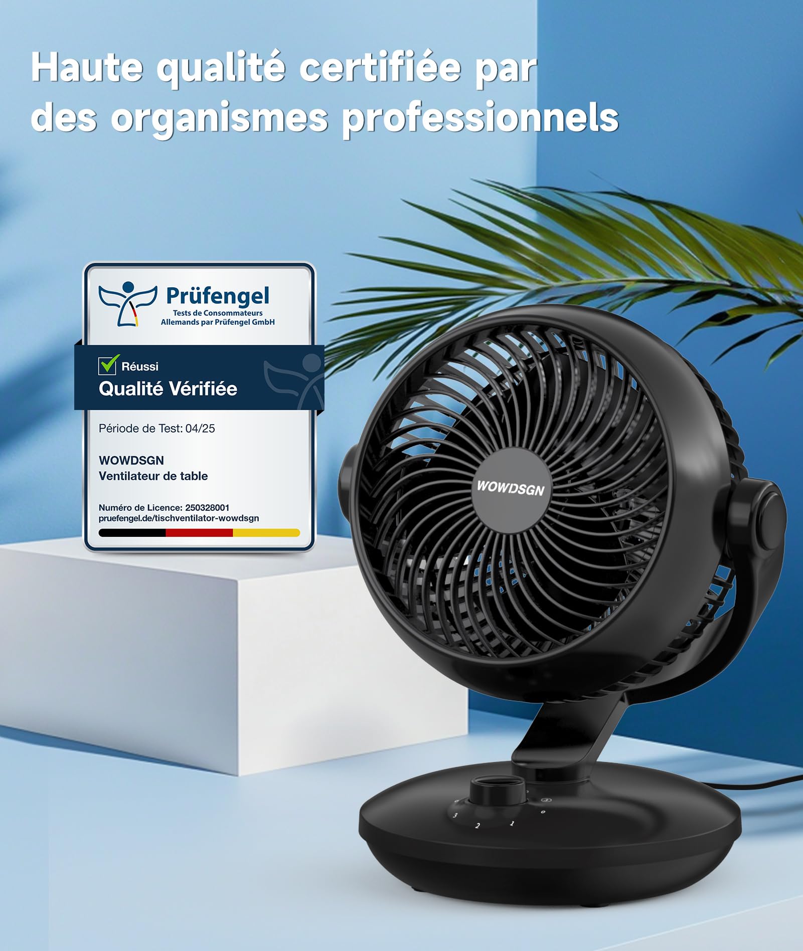 WOWDSGN Ventilateur de Table Silencieux 24dB, Ventilateur Bureau de Circulation d'air Turbo - 80° Oscillation Horizontale - 100° Réglage Vertical - 3 Vitess - Pour Chambre à Coucher/Bureau/Cuisine
