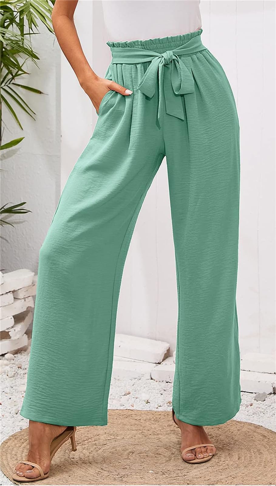 Femme Pantalon Jambe Large Haute Taille Elastique Été Jogging Confortable Pantalons Fluide Décontracté Pants de Plage avec Poches