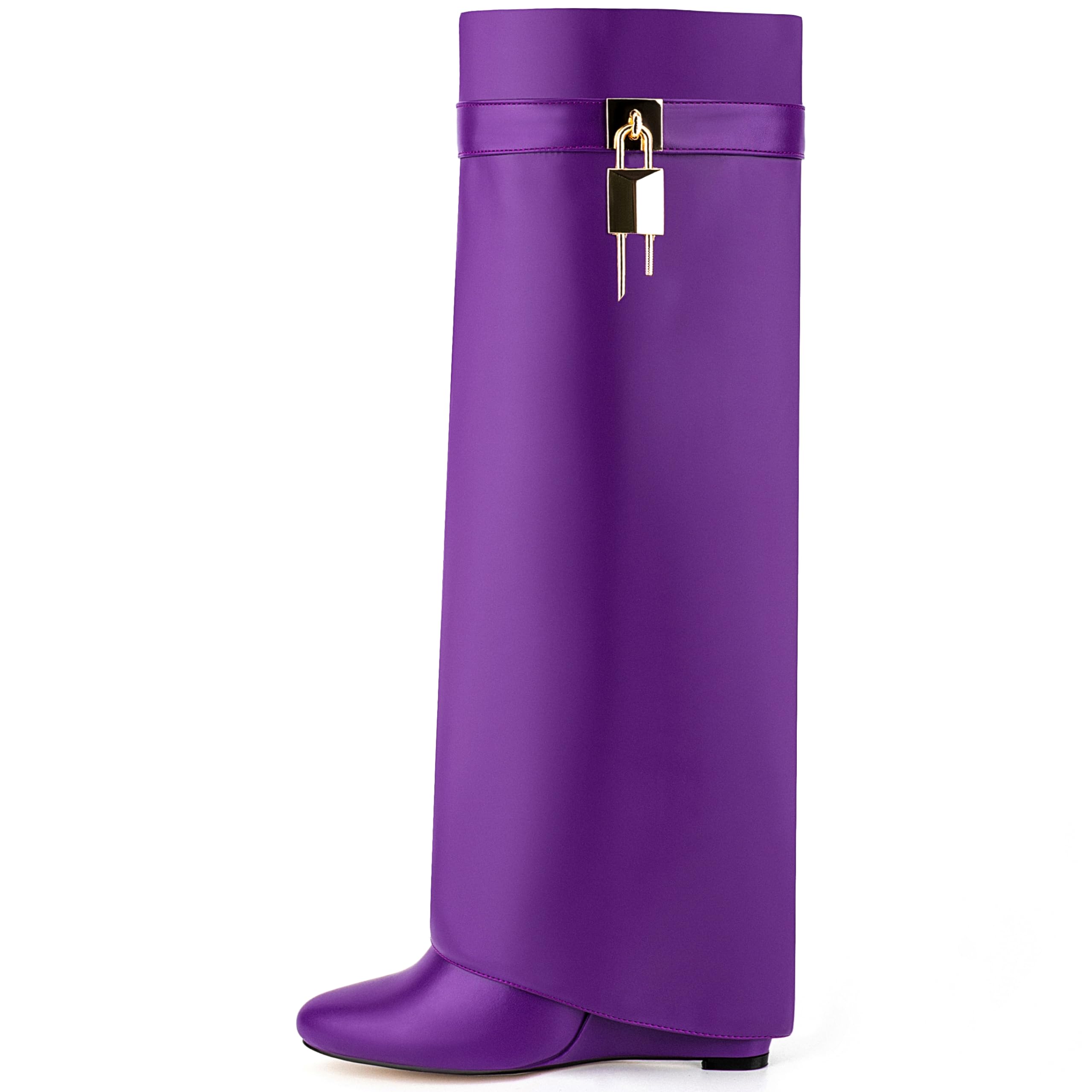 Women's Fold Over Knee High Shark Boots Wedge Heel Side Zipper