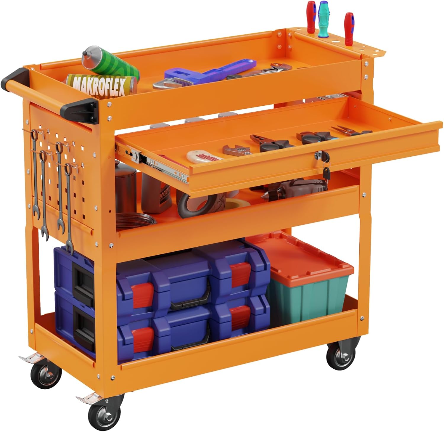 3 Tier Tool Cart on Wheels with Lockable Drawer, Heavy Duty Rolling