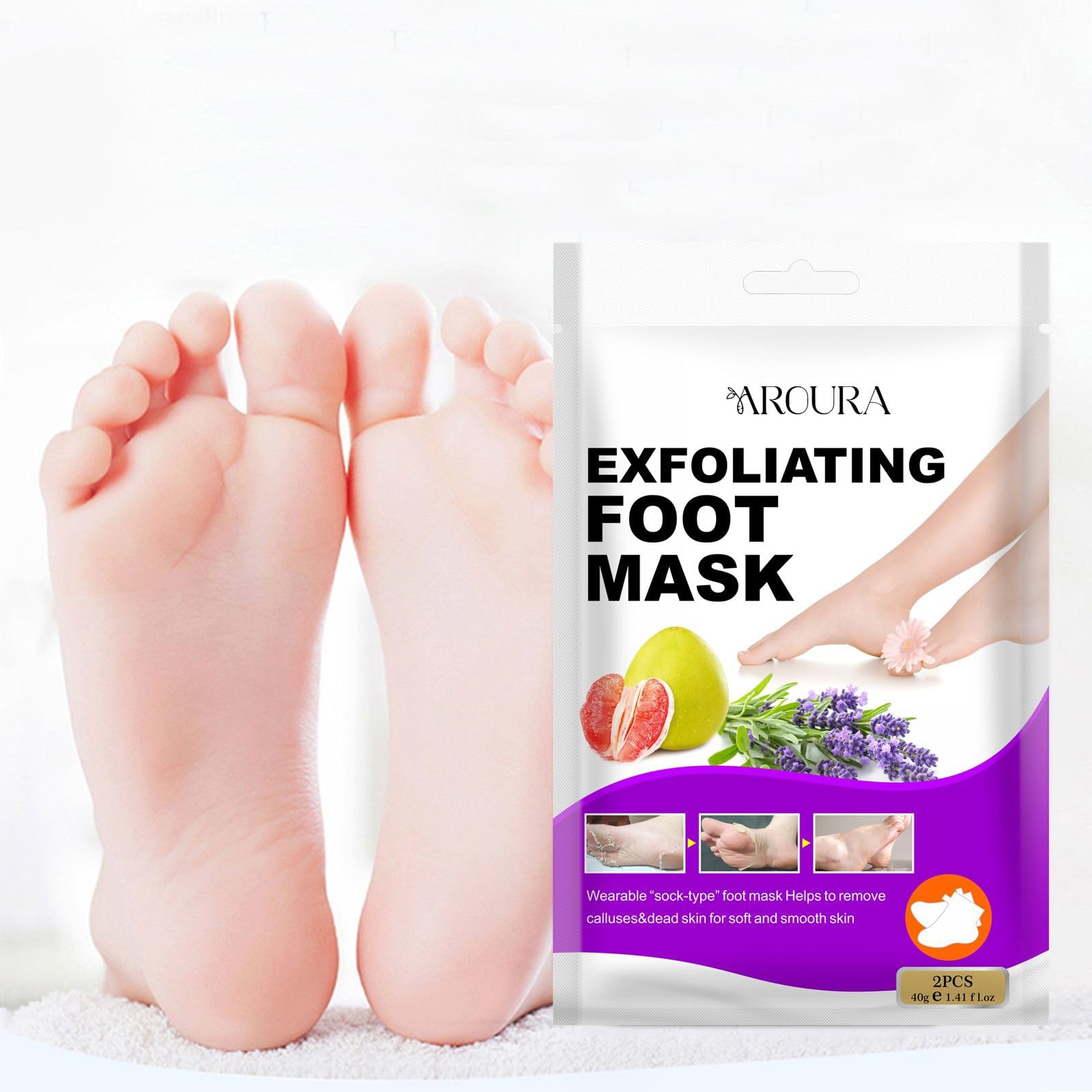 Aroura Premium Foot Peel Mask 5 Pack, Advanced Exfoliating Treatment for Callus and Dead Skin Removal, Achieve Baby Soft Feet with Lavender Scent, Perfect for Men and Women