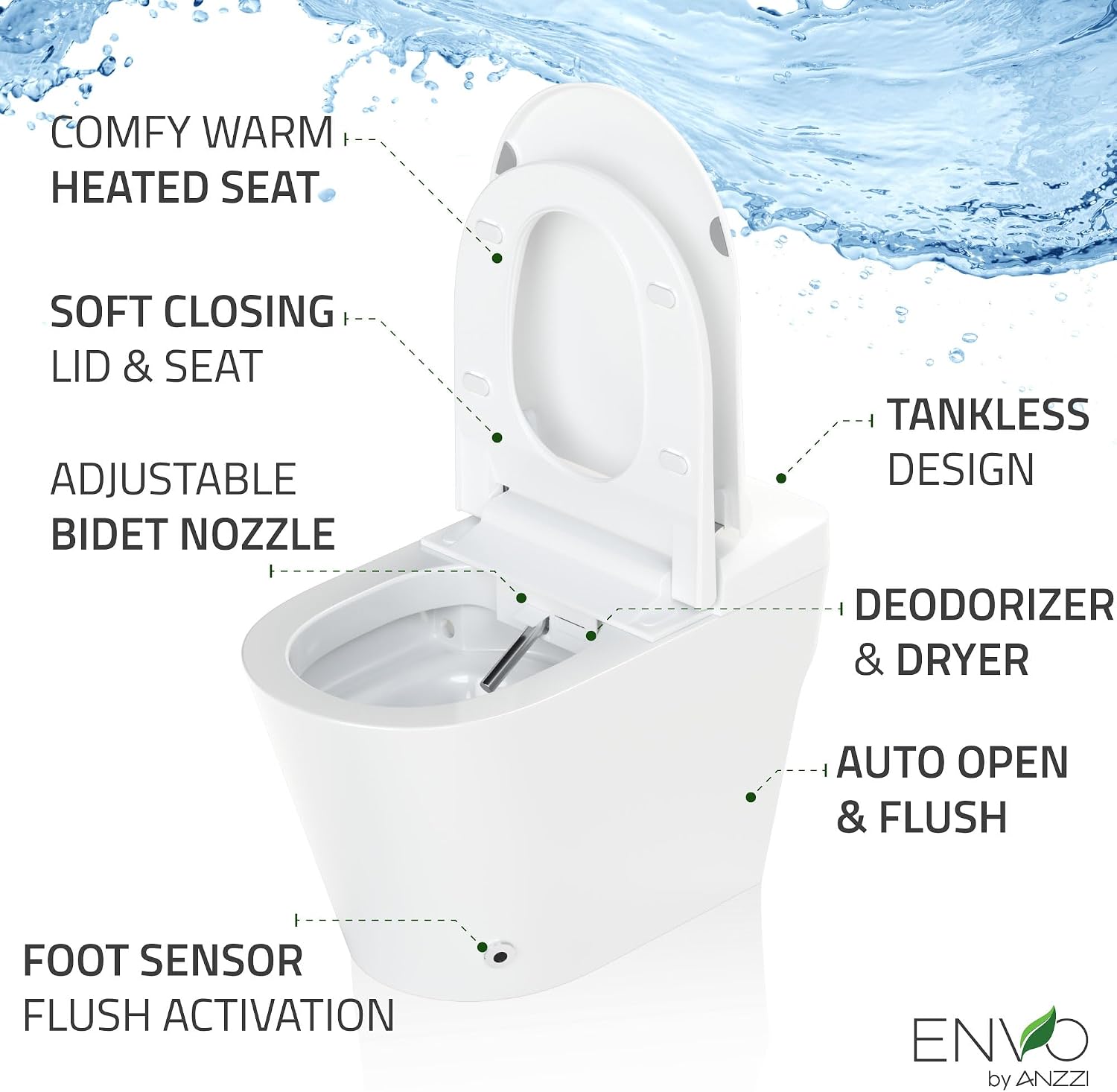 ANZZI - ENVO Echo Elongated Smart Toilet Bidet in Matte Black with Auto Open, Close, Flush and Heated Seat