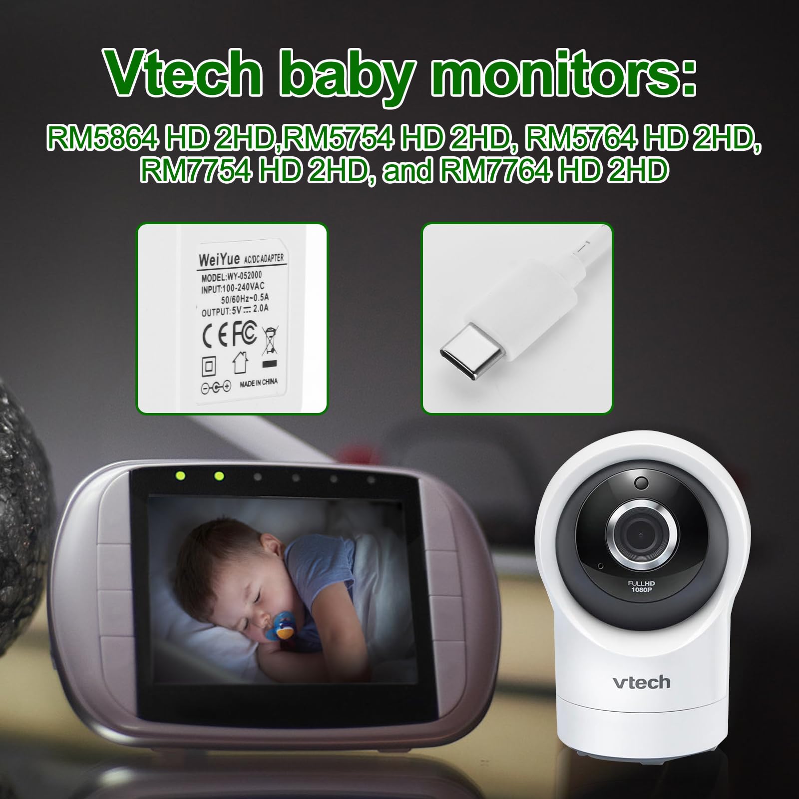 WeiYue for vtech Baby Monitor Charger Cord 5V2A is Available for The Vtech Baby Monitors: RM5864 HD 2HD,RM5754 HD 2HD, RM5764 HD 2HD, RM7754 HD 2HD, and RM7764 HD 2HD Video Baby Monitors., white