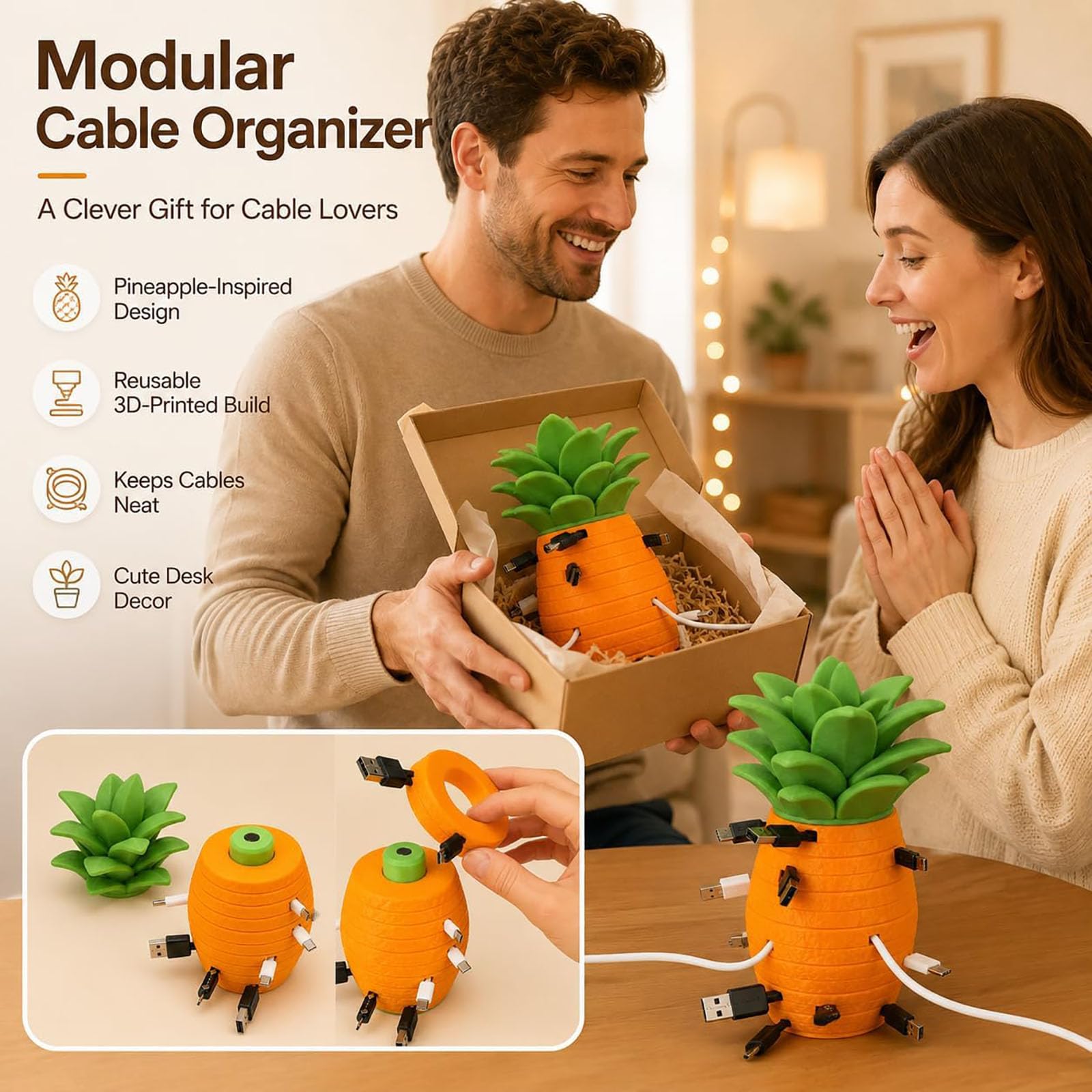 Organizzatore di cavi modulare a forma di ananas, contenitore da scrivania espandibile in 3D, con dischi avvolgicavo rimovibili di dimensioni S, M, L e XL, per gli amanti dell'ananas. (2pcs)