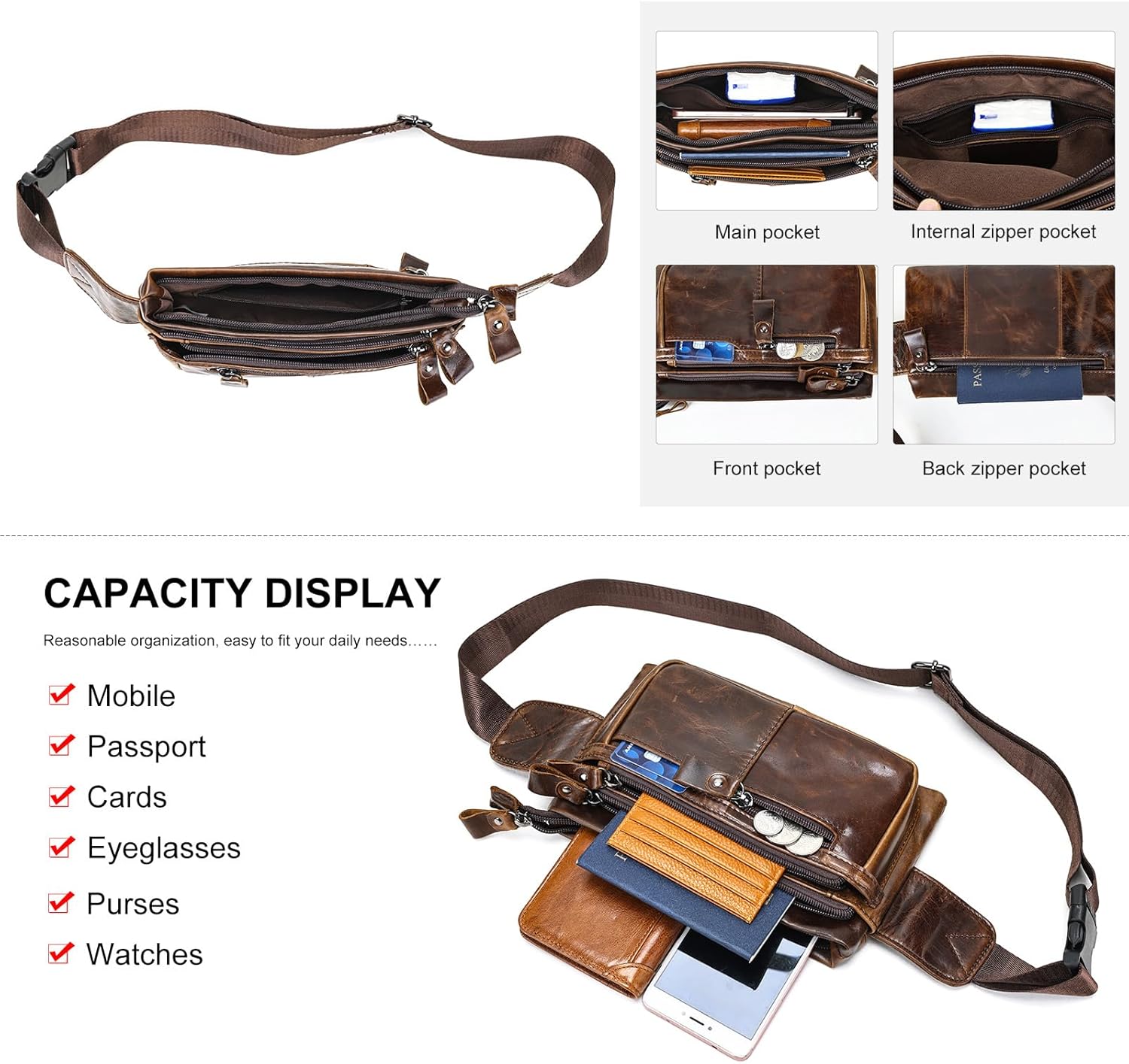 Genuine Leather Fanny Pack Crossbody sling bags zipper Waist Purse Oilcoffee - Image 4