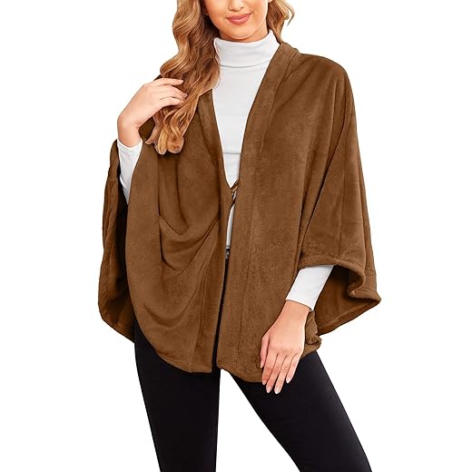 Ekouaer Fleece Cape for Women Warm Bed Jacket Shawl Flannel Cardigan Soft Lounger Cover Ups Brown