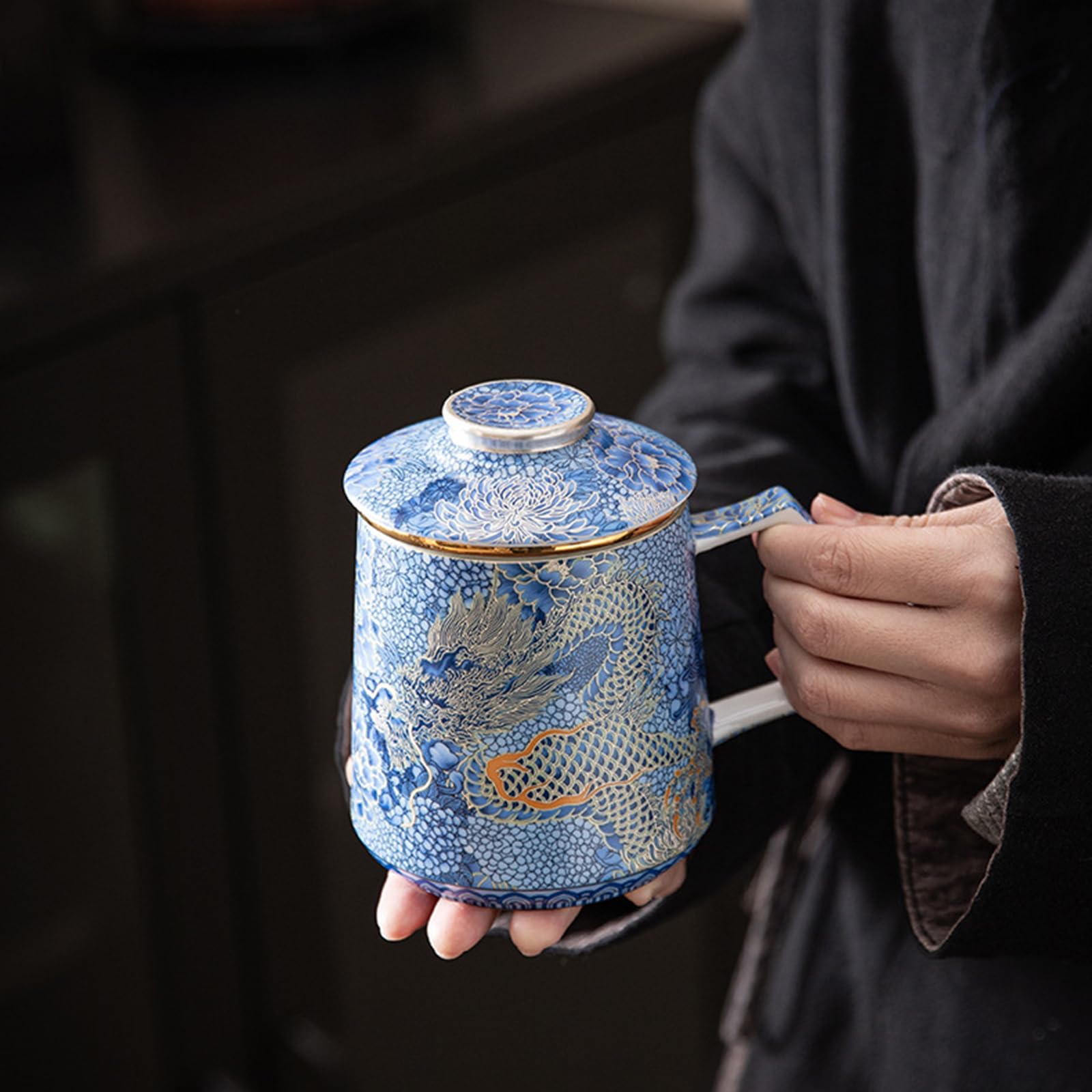 fanquare Tasses à Thé Chinoises Loong Tasse à Thé en Porcelaine Bleue avec Infuseur et Couvercle Grande Tasse à Café Traditionnelle en Céramique avec Anse