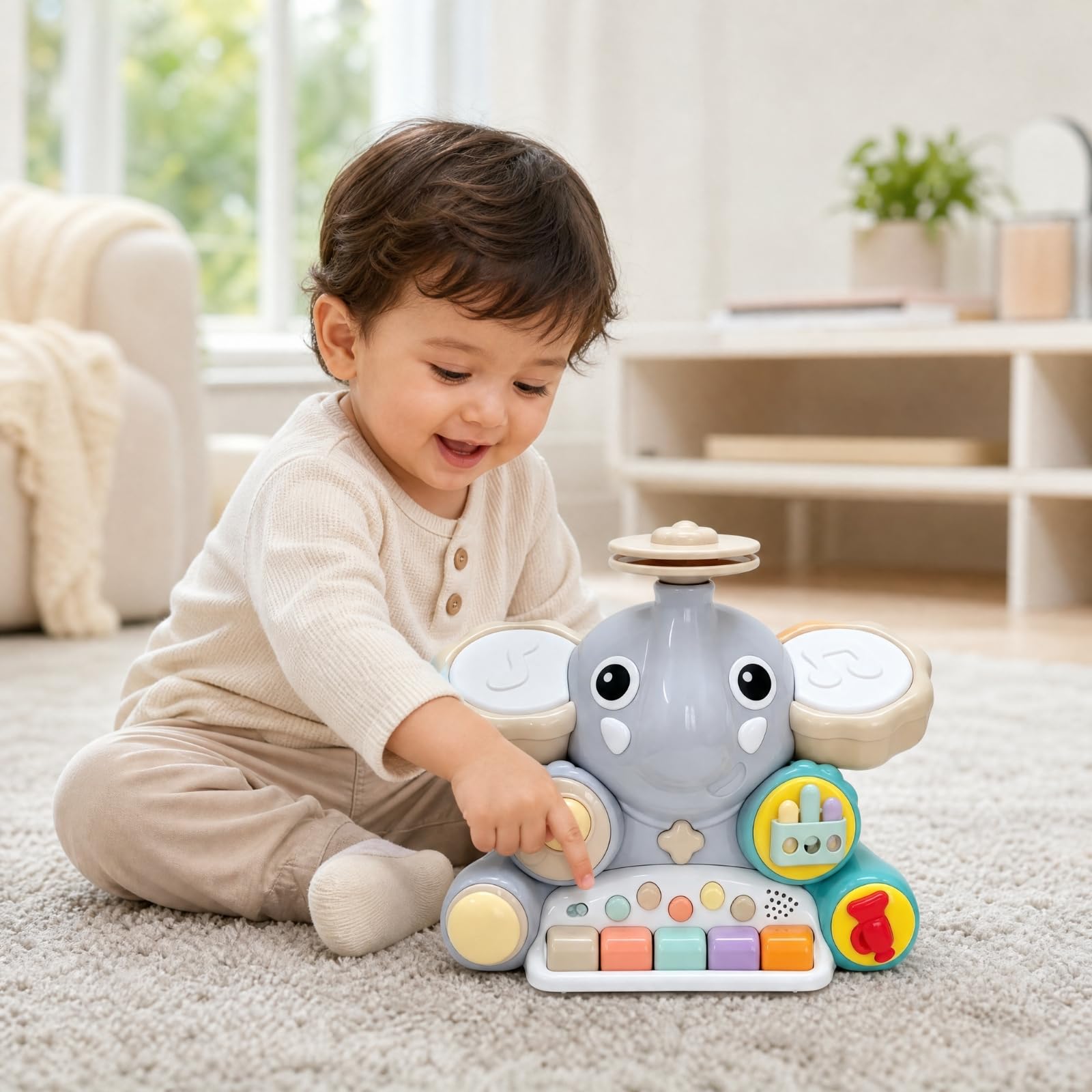 Qianly Giocattolo Le con Tastiera di Multifunzione Giocattolo a Forma di Pachiderma con Suoni per Casa, Grigio