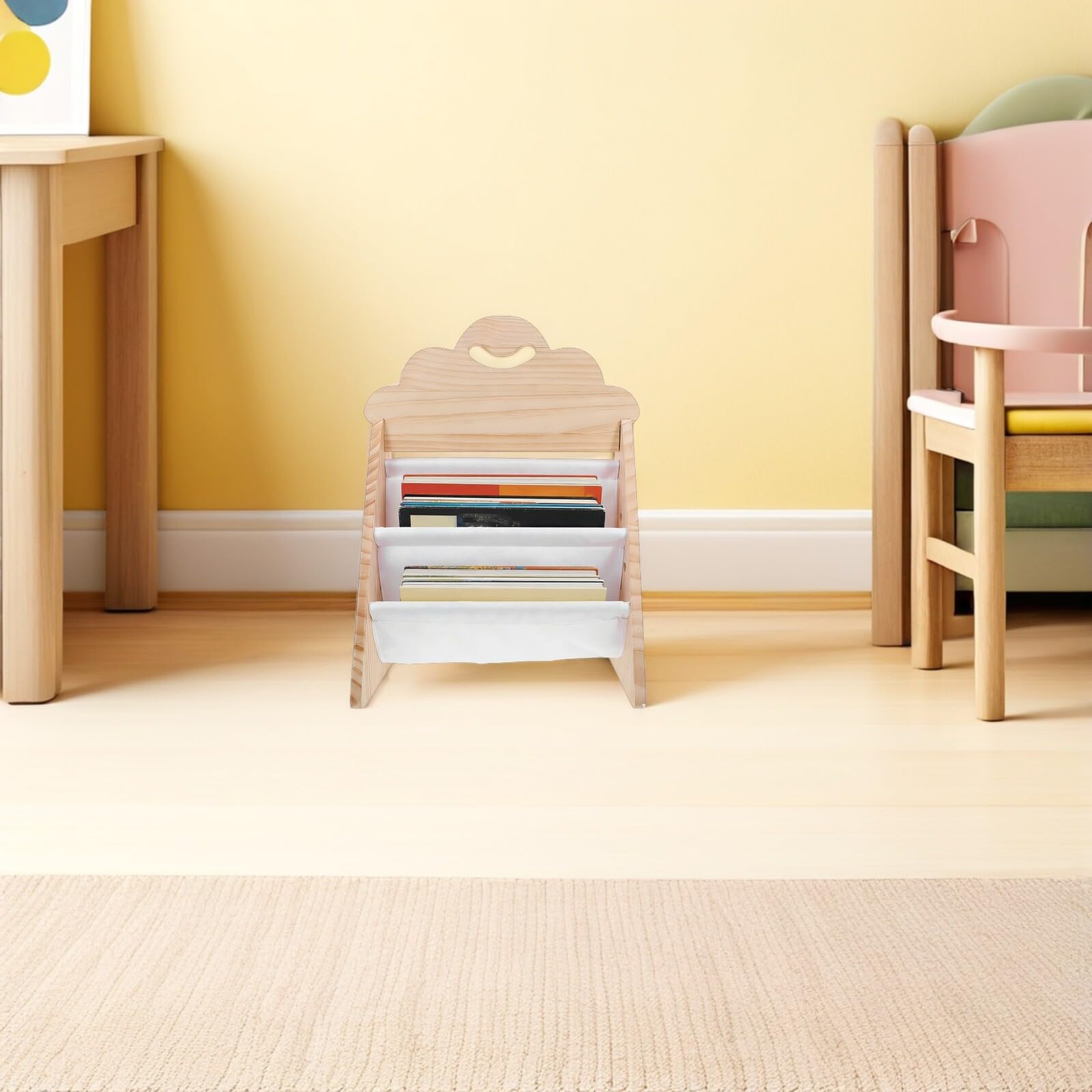 Libreria in Legno per Bambini, Scaffale Libri da Terra | Dimensioni 52, 5x41, 2x31cm, Angoli Arrotondati, Ripiano Aperto e Base Stabile per Aula e Asilo