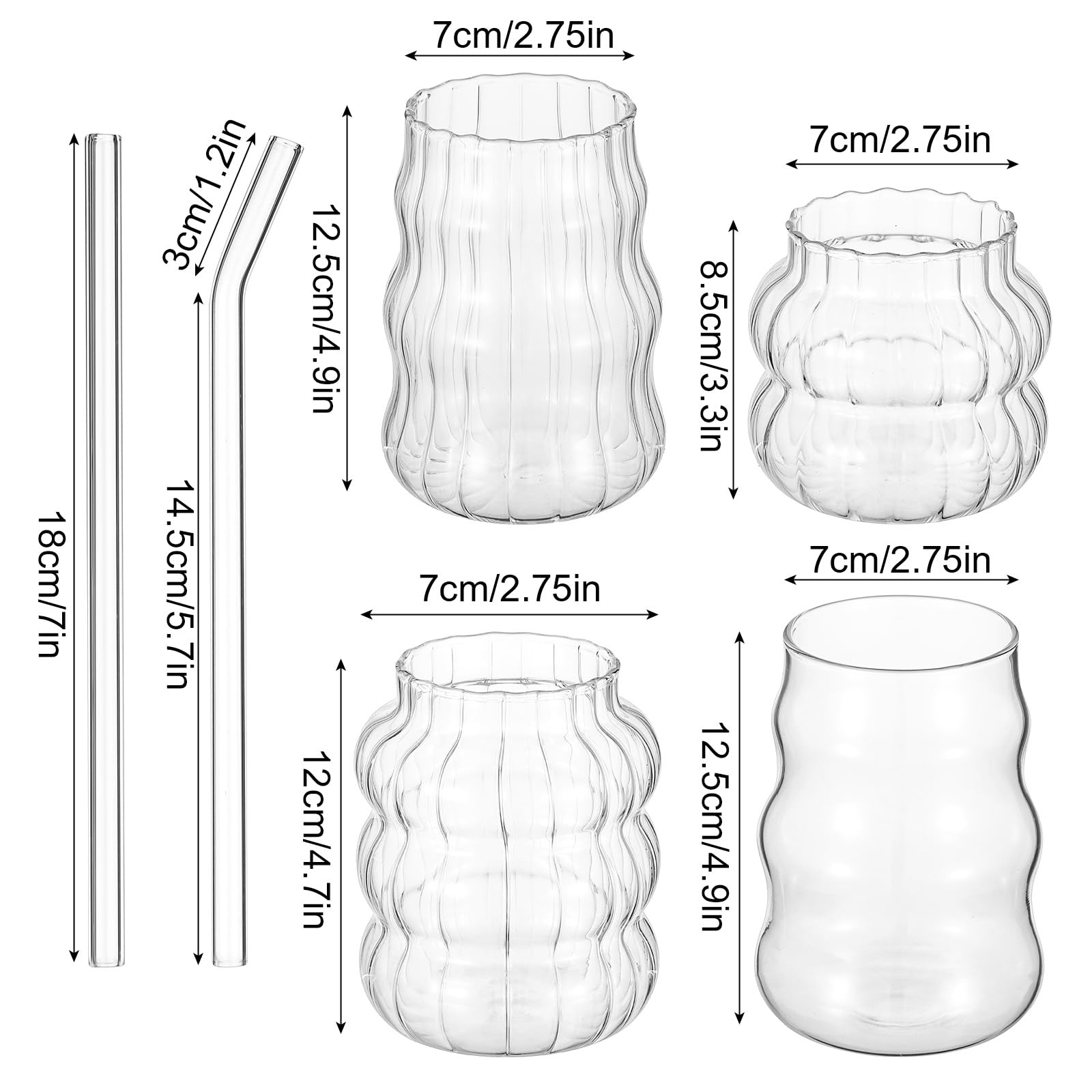 MAQUITA 4 vasos de vidrio acanalado con popote de vidrio, cristalería vintage con diseño en forma de onda, tazas de burbujas para café helado, jugo, bebidas, leche, cócteles, té de burbujas y más