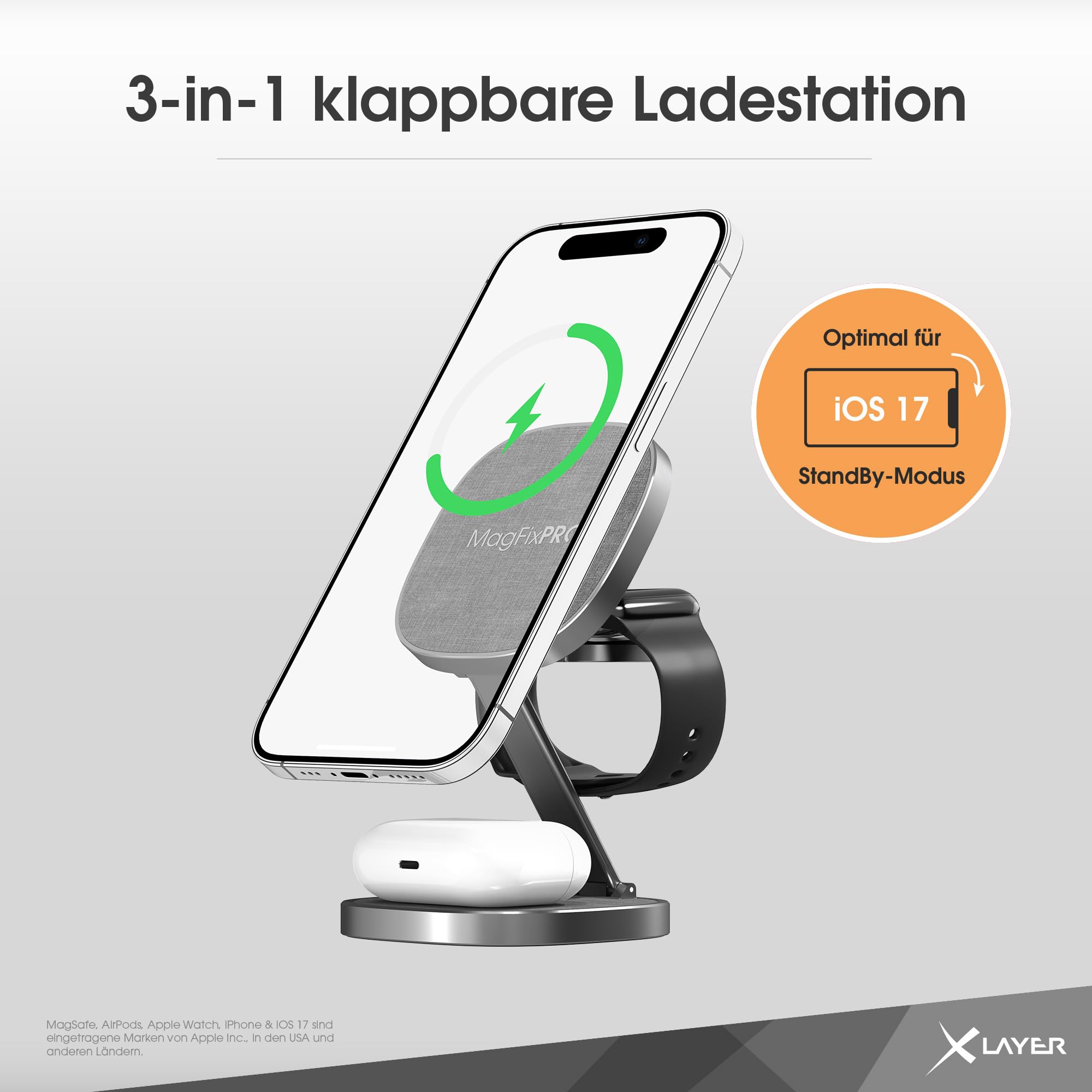 XLayer MagFix Pro 3 in 1 Stazione di ricarica Apple Wireless Charger | Pieghevole | Standby | Compatibile Magsafe | Magnetico | Senza fili | Caricatore per iPhone 16 15 Pro ,14/13/12 Watch