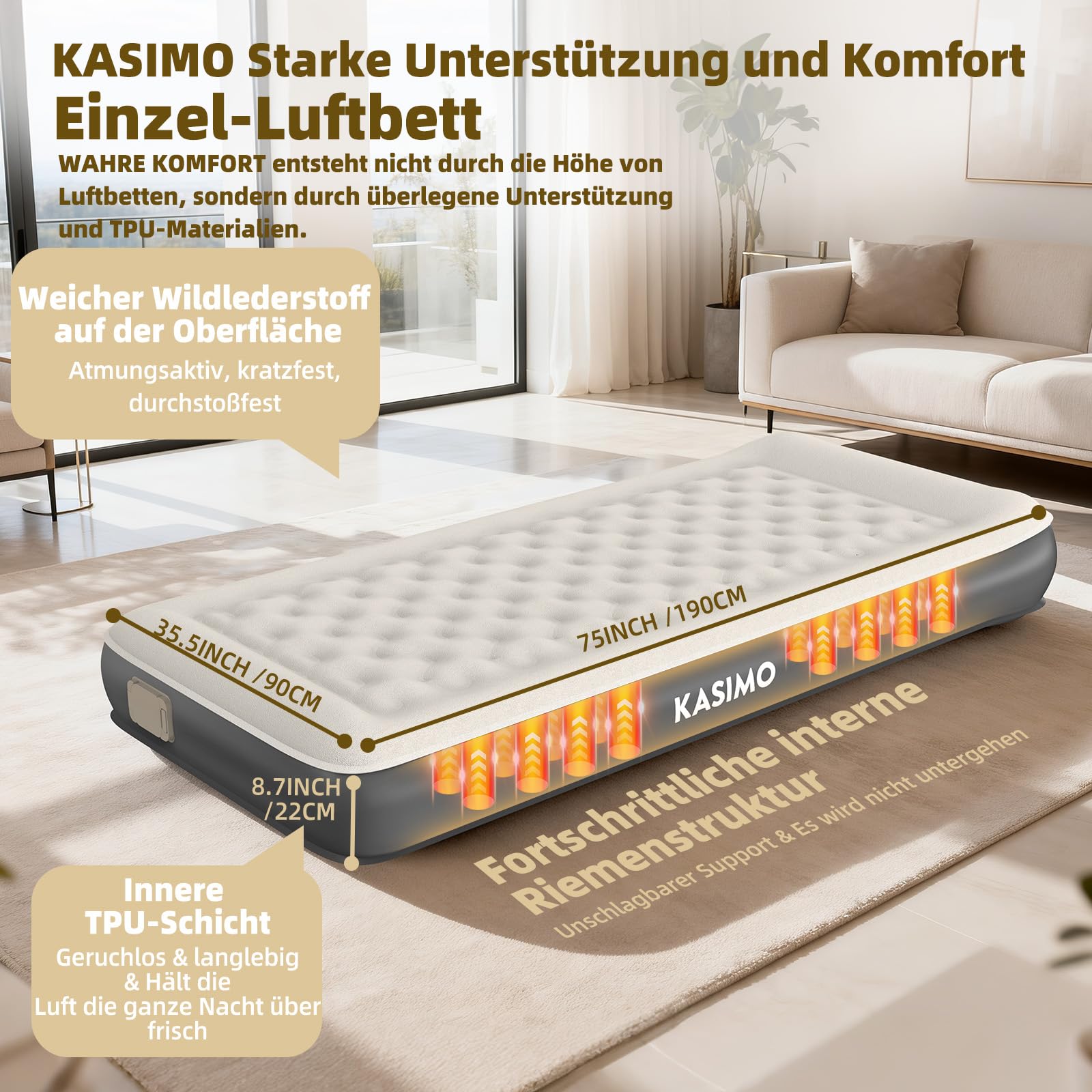 KASIMO TPU Luftmatratze selbstaufblasend 1 Person Gästebett mit integrierter Pumpe 190x90x22cm