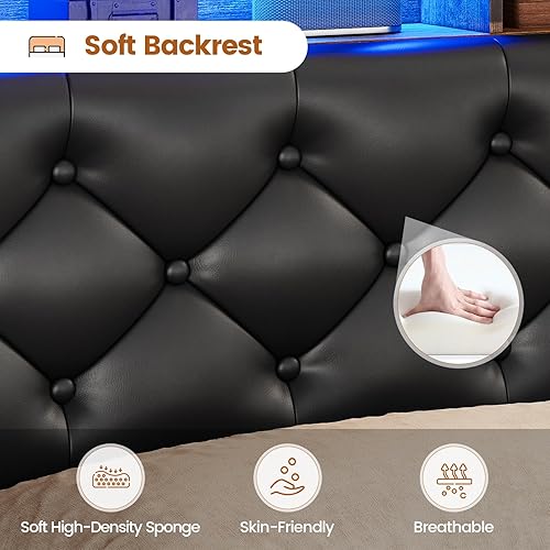 Miniatura 8 de BTHFST Base de cama Queen con 4 cajones y cabecera de almacenamiento oculta, marco de cama LED tamaño Queen con estación de carga, cama tapizada con