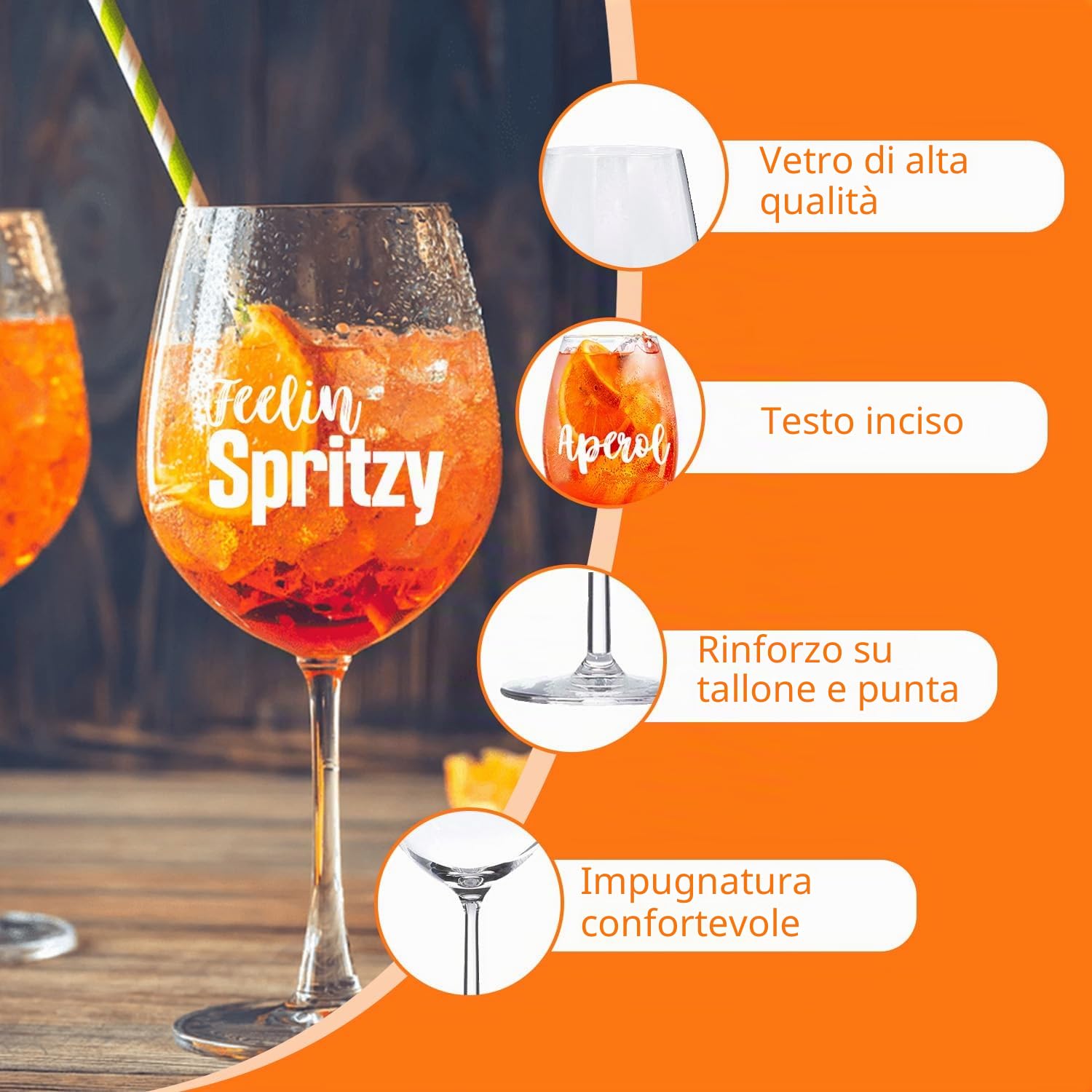 Confezione da 2 bicchieri Aperol Spritz YYSWSAKY - Cannucce in vetro - Sottobicchiere - Bicchieri da cocktail - Ottimo regalo