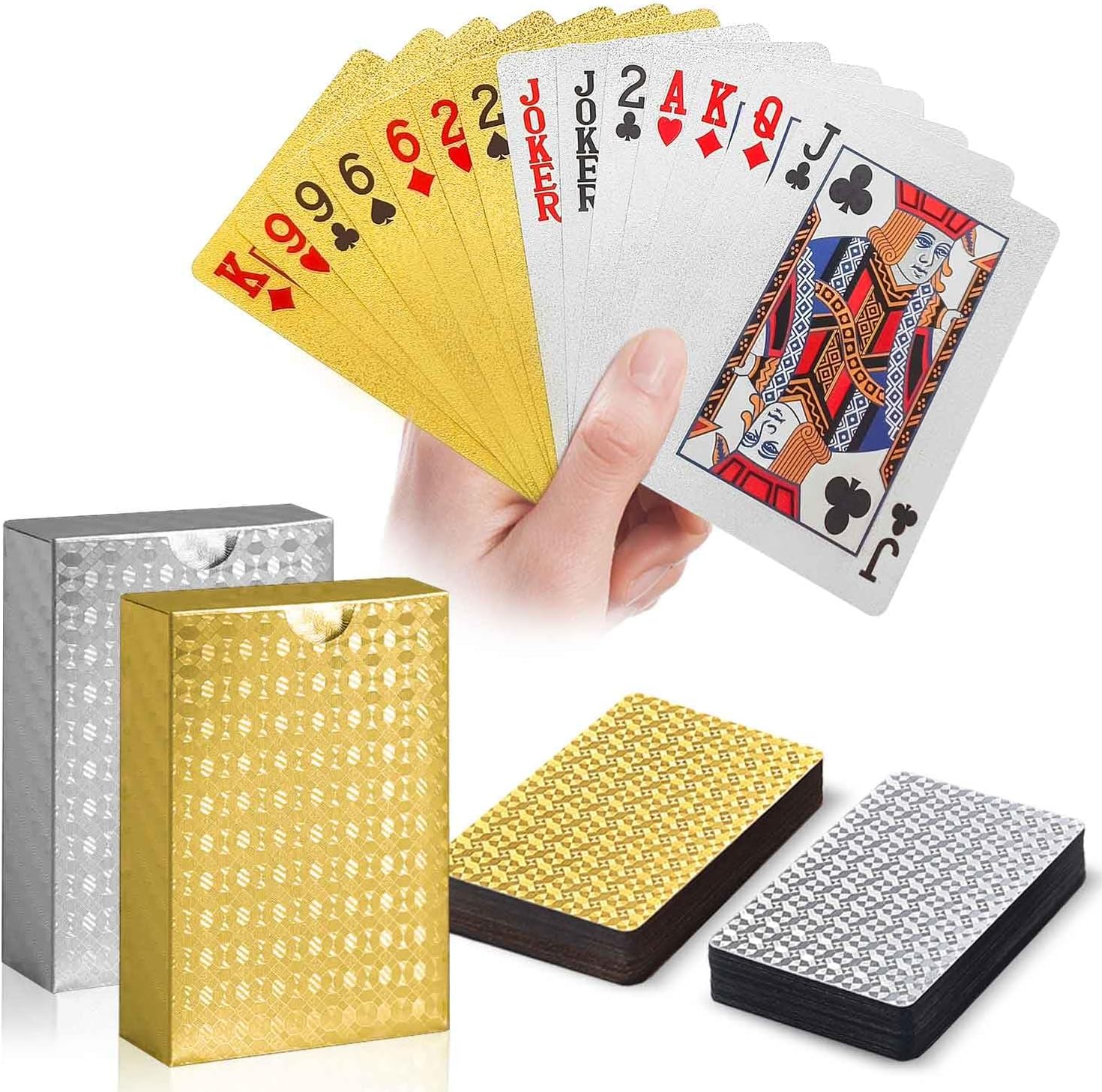Waterproof Playing Cards 2 Pack Set (Gold + Silver), Premium PET+PVC Plastic Poker Cards, Diamond-Textured, Durable & Luxury Design for Blackjack, UNO, Outdoor Card Games, Pool, Beach, Travel
