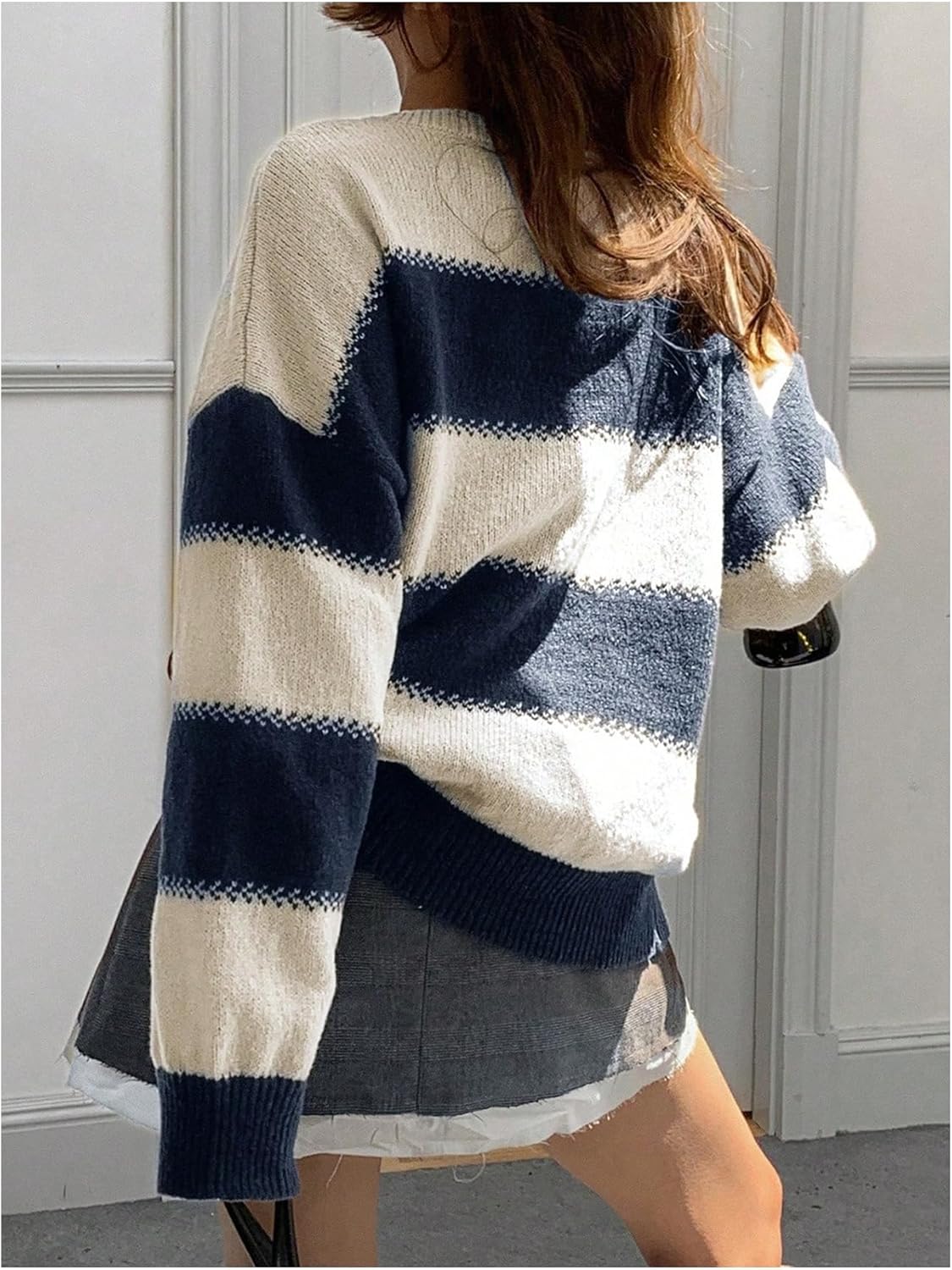 Verdusa Women's Striped Sweater Color Block Pullovers Sweaters Long Sleeve Knit Tops - Image 2