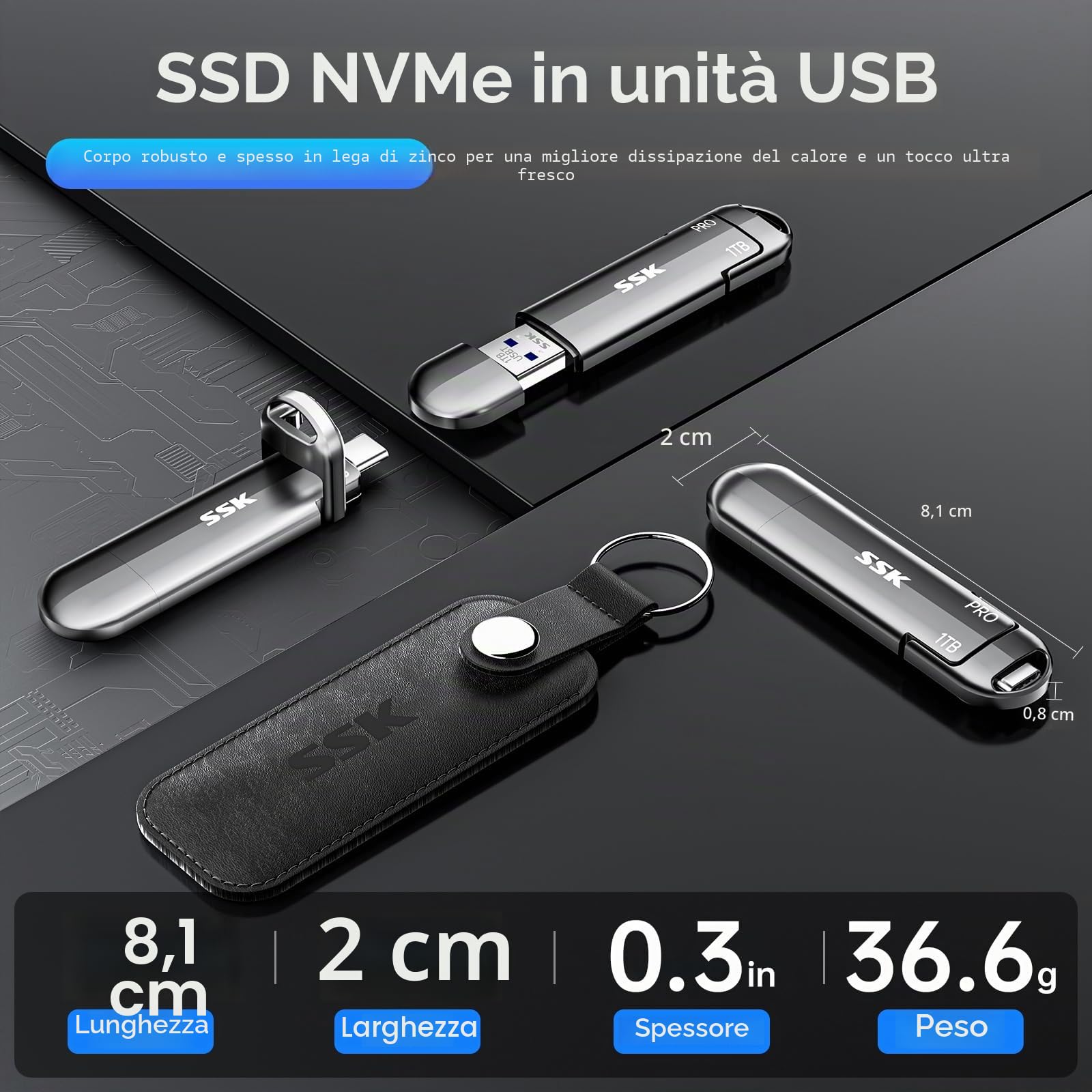 SSK Unità esterna SSD da 1 TB fino a 1050 MB/s, unità a stato solido esterne tipo C+USB A Disco rigido SSD USB 3.2 Gen 2 per iPhone 15/PS4/telefoni Android/tablet/Windows/Mac, SD301 PRO
