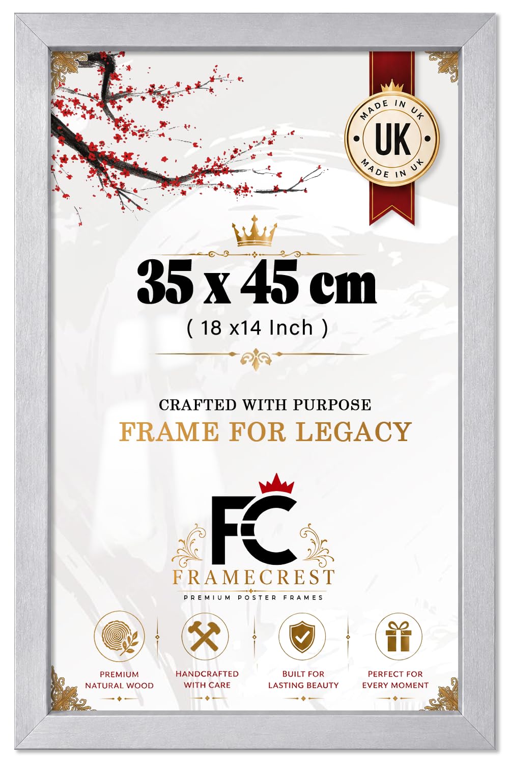 FRAMECREST LTD - MDF 35 x 45 CM (18 x 14 Inch) Landscape Poster Frame With Clear Styrene, Moulding 30mm Wide 15mm Deep, Wall Mount Picture Frame For Modern Photo Display - [Silver]