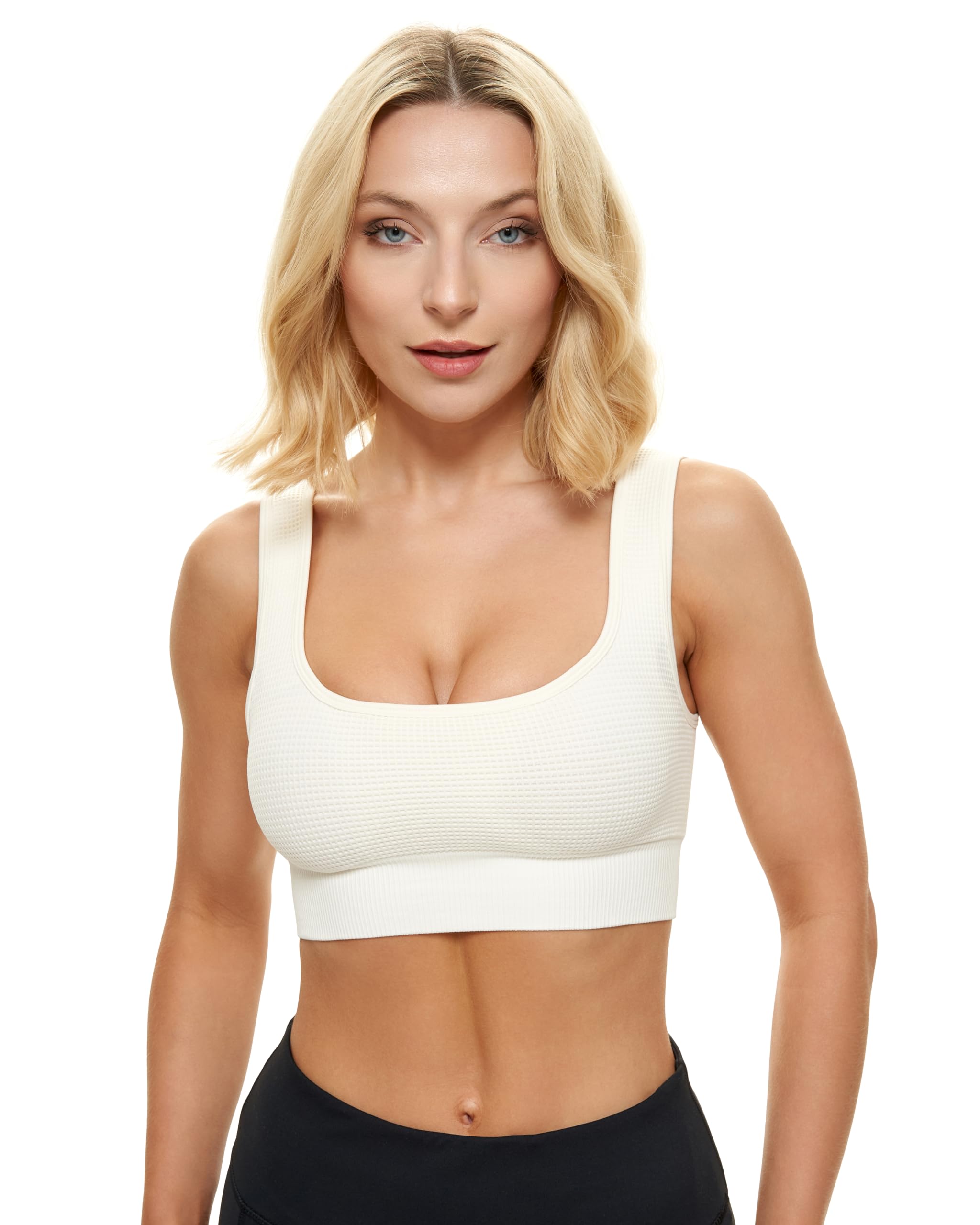 Square Neck Padded Sports Bra, Push Up Sports Bra for Women, Cute Comfy Seamless Scoop U Back Low Impact Workout Gym Yoga Bra Black, Cream