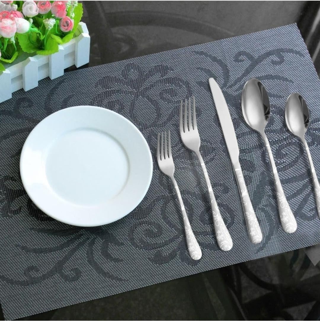 Shipnetic Sterling Silver Silverware Steak Knife with Floral Printed Handle | 5-Piece Premium Stainless Steel Flatware Set | Dishwasher Safe Cutlery Set for Home, Restaurant & Gifting 2