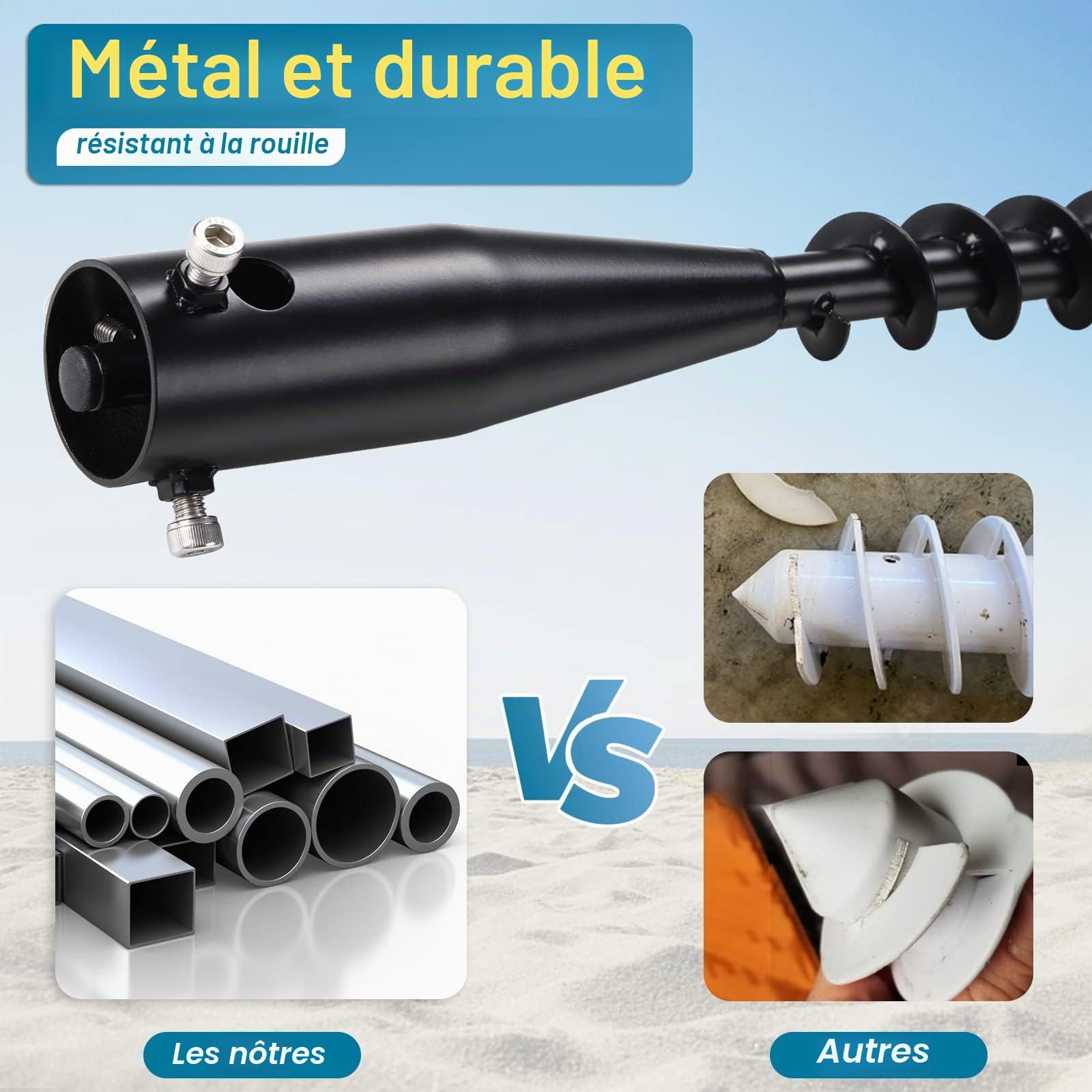 Lot de 2 piquets d'ancrage au sol pour parasol de plage avec base en spirale en métal Noir 43 cm | Ancrage au sol réglable pour poteaux de parasol de 2,5 à 5,5 cm, convient pour le jardin, la plage, la pelouse et la terrasse