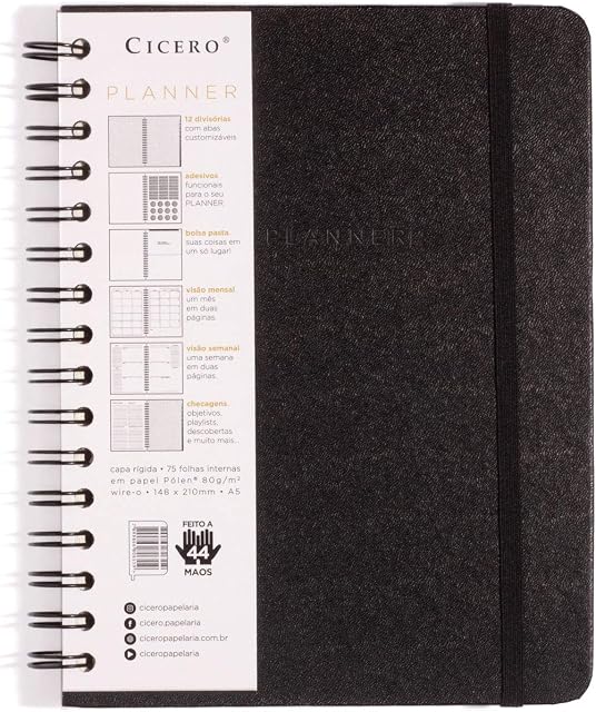 Planner Wire-o Preto, Preto, Mensal e Semanal, 75 fls, Papel Pólen 80g/m², Tamanho A5
