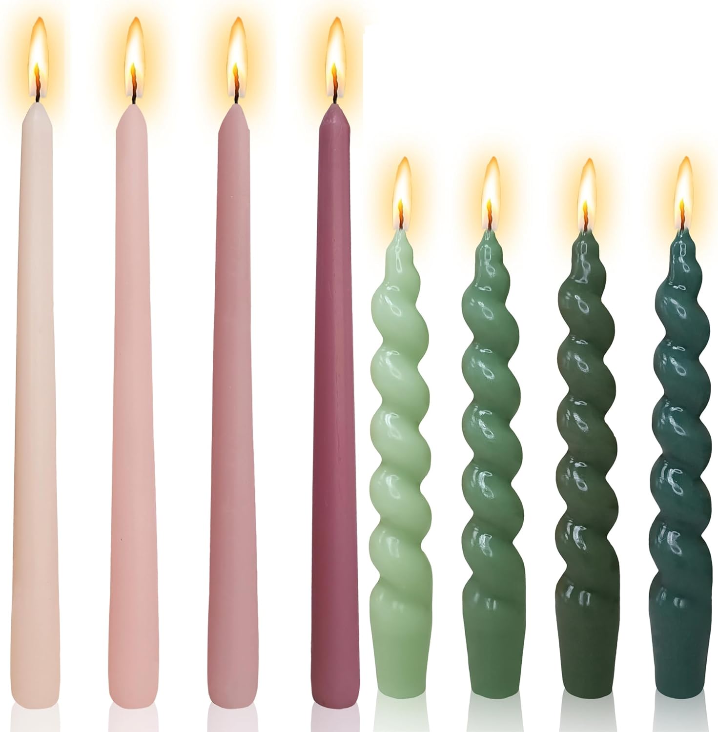 8pcs Spiral Taper Candle Colored Candlesticks -Gedengni Gradient Green Candle Sticks Unscented Tapered Candles Short Twirl Candle for Home Décor Weddings Festive Holiday