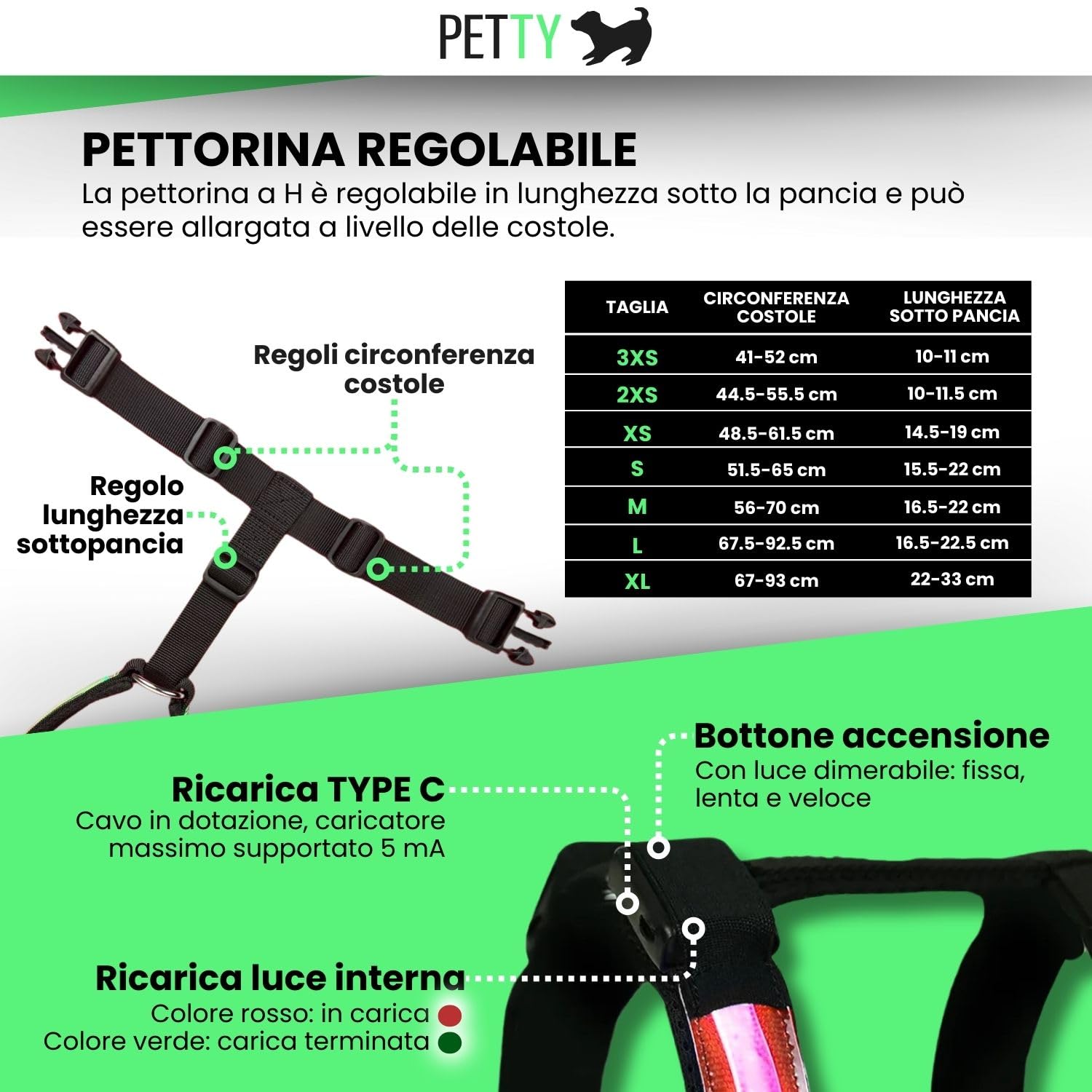 Pettorina Cane LED Ricaricabile PETTY - Imbracatura Antistrappo, Luci Fino A 500m, Taglia XXXS, Verde - Foto 13
