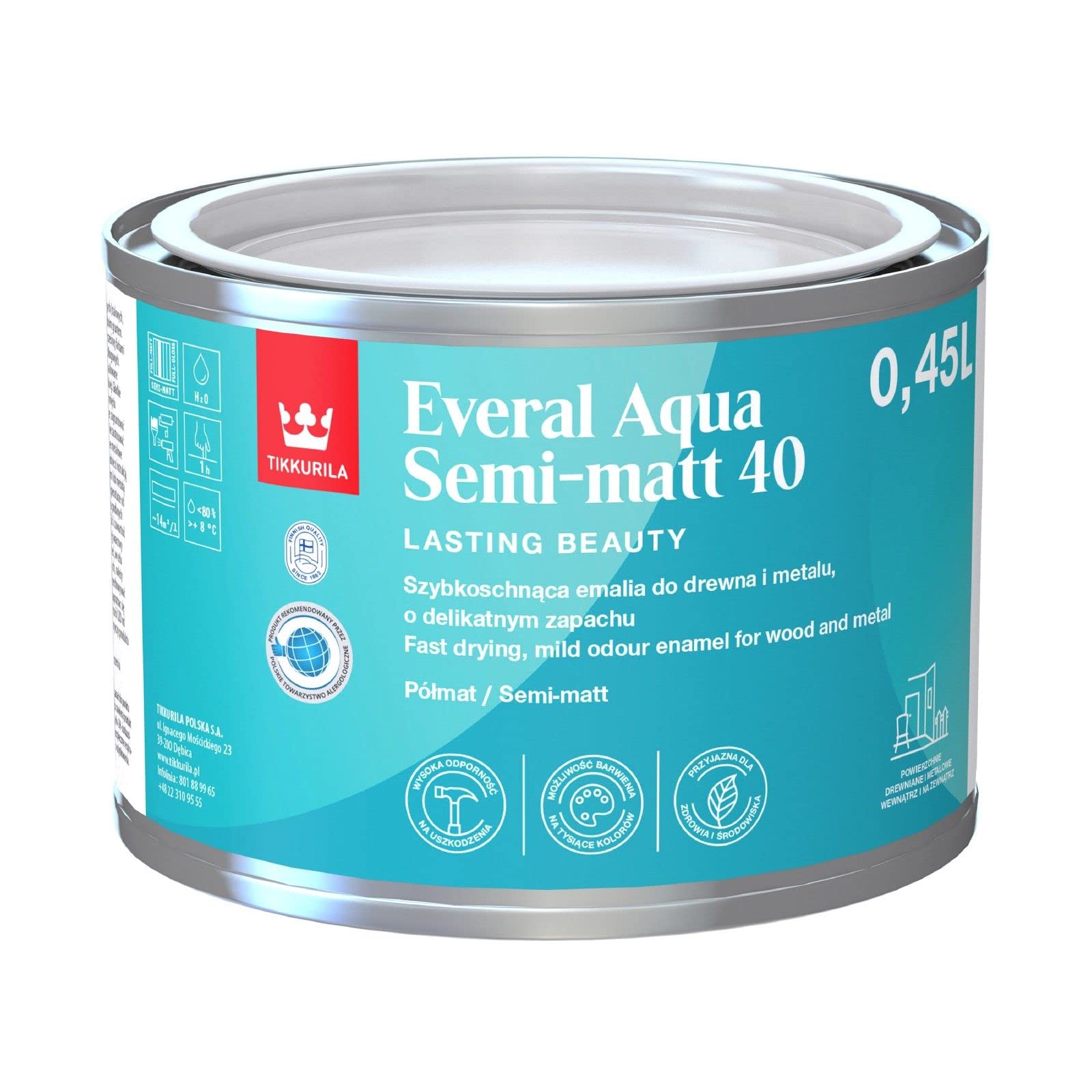 Tikkurila Dark Colours (Customise Now) Everal Aqua 40 - Semi-Gloss Paint For Wood & Metal - Fast Drying Acrylic Enamel - 0.5 Litres