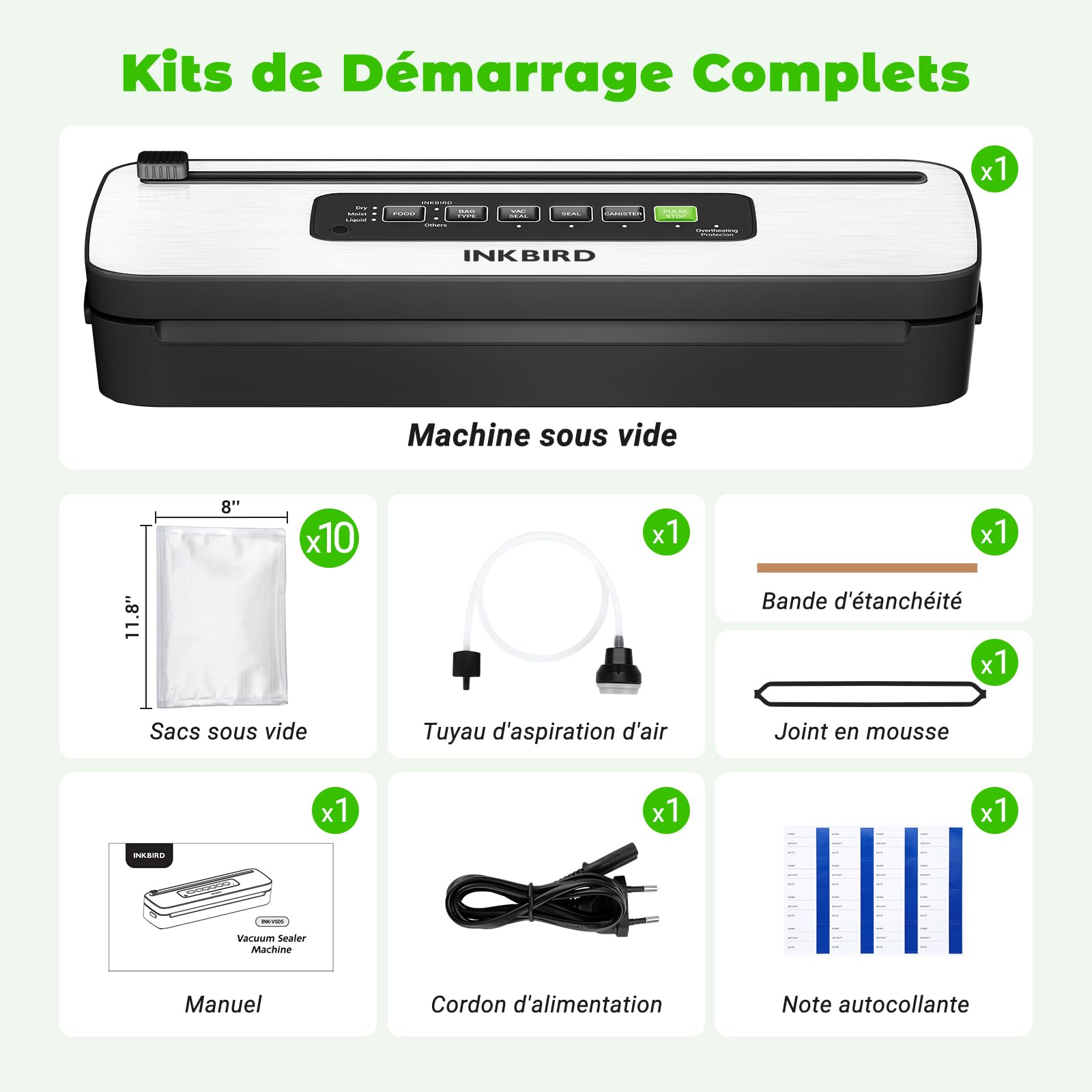 INKBIRD Machine Sous Vide Alimentaire, Appareil de Mise Sous Vide Automatique avec Coupeur Intégré | 6 Modes pour Sec/Humide/Liquide, 130W Puissance Élevée- Joint Rapide, Indicateur LED, Orange