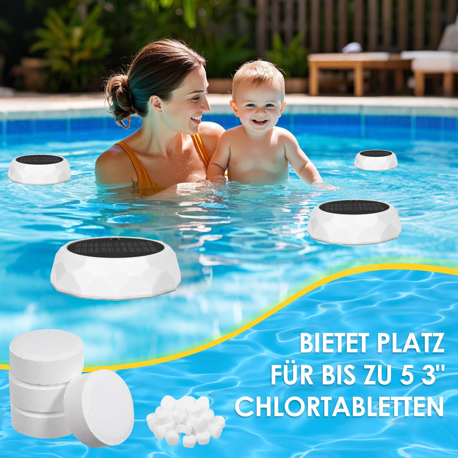 ZWOOS Dosierschwimmer Pool, Schwimmer für Chlortabletten (Leer), Chlordosierer für Pool, Poolbeleuchtung Solar, Schwimmend Chlor Spender, RGB Pool Licht, IP68 Wasserdicht, Pool Deko Lampe (1 Stück)