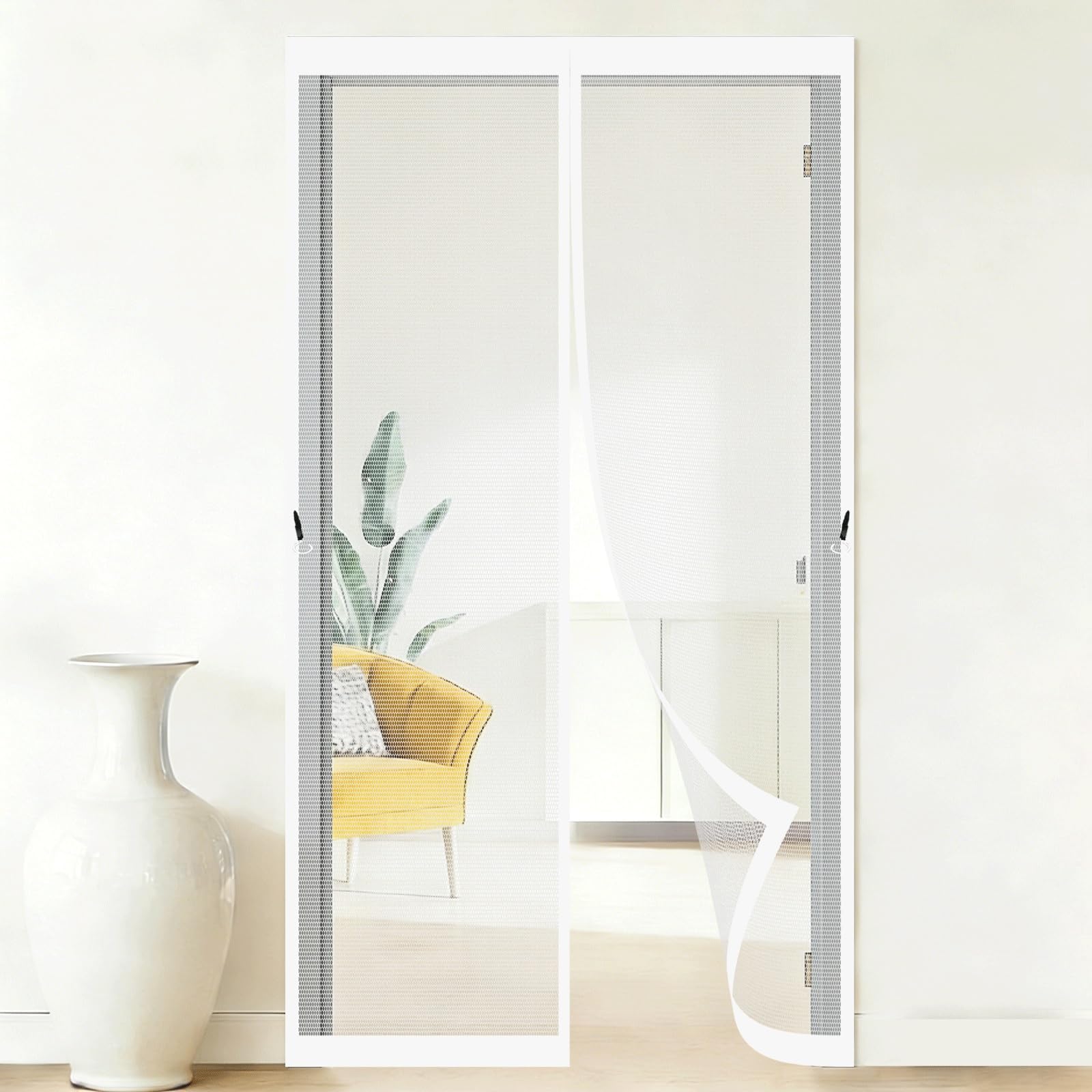 Pshzhim White Fly Screens For Doors 150 X 200 Cm Self-Sealing Mesh Powerful Magnets And Adhesive Strips, Hands-Free Closing Magnetic Fly Screen Doors For Outdoor, Gym, Sun House Porch,