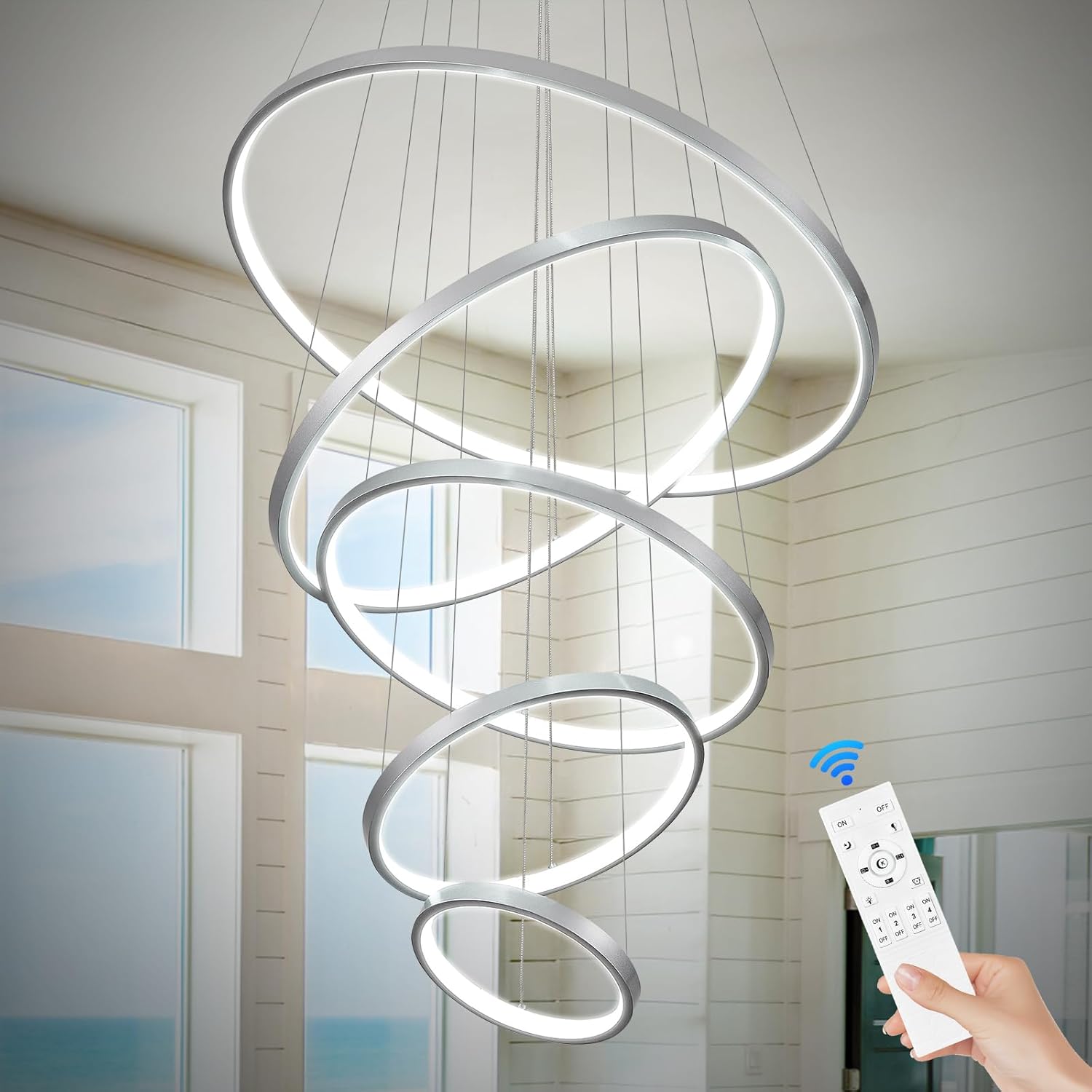 5 Ring Modern LED Chandelier Dimmable Silver High Ceiling Chandeliers for Foyer, LED Contemporary Large Pendant Lighting with Remote Control Circular for Living Room Staircase, 3000K-6500K 5 Rings 23.6inch Silver