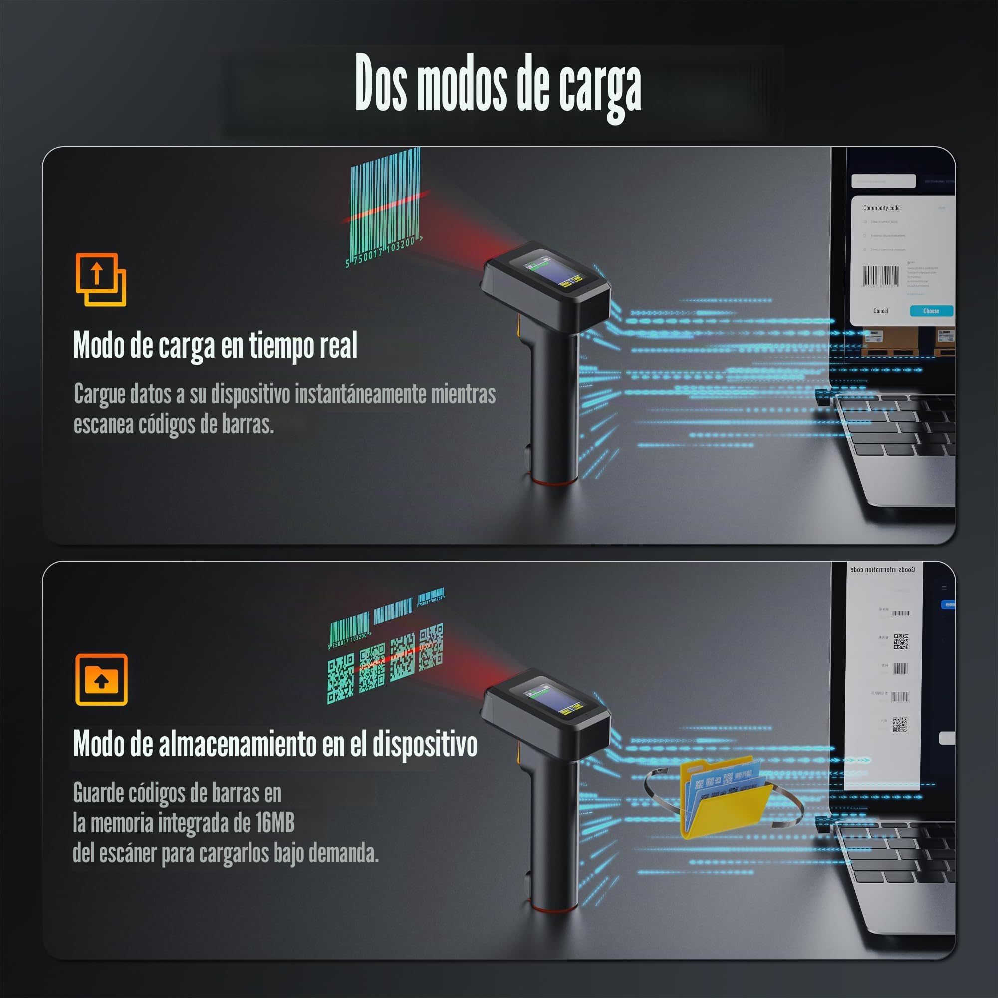 Tera Lector de Codigos de Barras Inalambrico Inventario 1D 2D con Pantalla Escaner de Codigo de Barras Bluetooth con Receptor Inalambrico Base del Cargador y Cable USB Compatible de Windows, Android