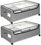 Under Bed Storage with Wheels, 2-Pack Under the Bed Storage Containers with Clear Lids & Label, Underbed Storage Bins, XXXL 85L 11 inches Rolling Metal Drawer for Clothes, Shoes, Toys, Books - Gray