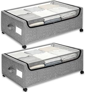 Under Bed Storage with Wheels, 2-Pack Under the Bed Storage Containers with Clear Lids & Label, Underbed Storage Bins, XXXL 85L 11 inches Rolling Metal Drawer for Clothes, Shoes, Toys, Books - Gray
