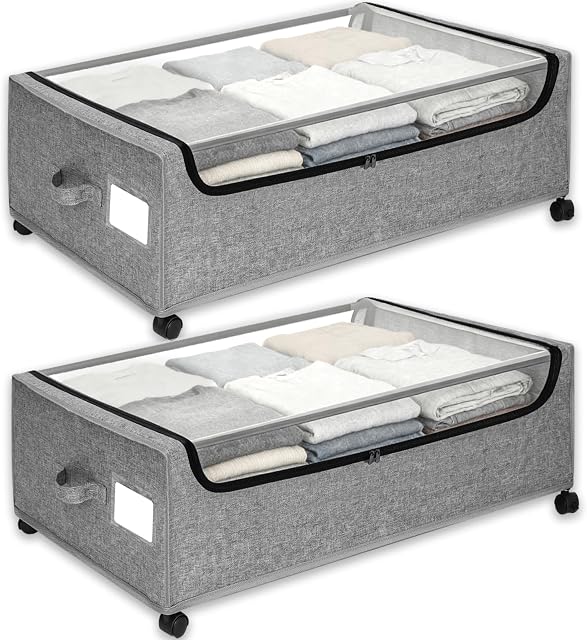 Under Bed Storage with Wheels, 2-Pack Under the Bed Storage Containers with Clear Lids & Label, Underbed Storage Bins, XXXL 85L 11 inches Rolling Metal Drawer for Clothes, Shoes, Toys, Books - Gray