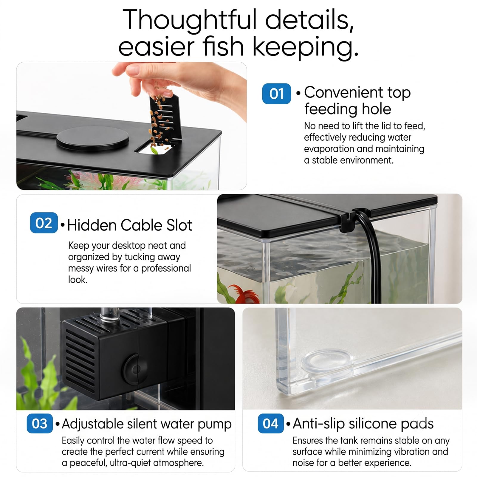 Mini Acuario Acrílico 3,7 L Kit Completo con Luz LED y Bomba de Filtro, Nano Acuario Compacto para Betta, Camarones y Plantas Acuáticas Decoración Interior