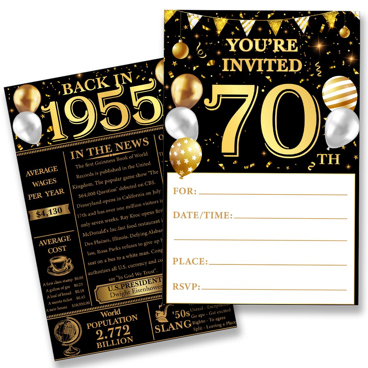 QZJ 70th Birthday Party Invitations for Women Men - Back in 1955 Invites 70 Year Old Birthday Invitations Set (20 Invites and Envelopes)