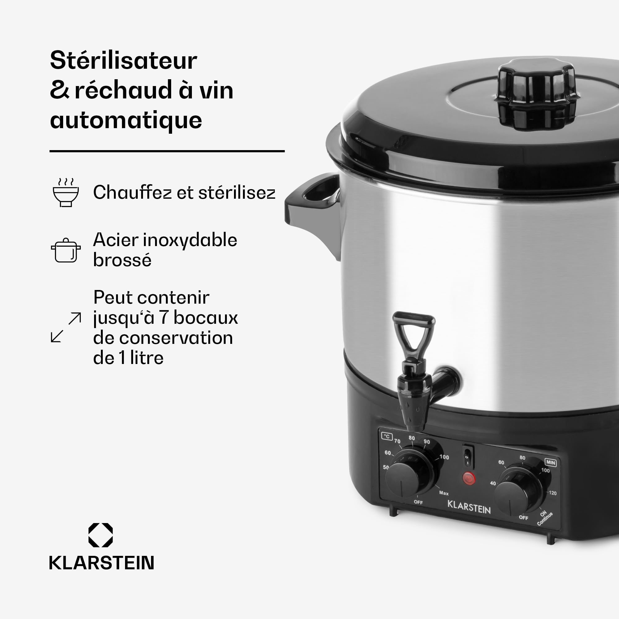 Klarstein Biggie Small - stérilisateur, cuve à stériliser, faitout, marmite à vin chaud, électrique, volumle 16 l, 2000 w, température réglable, interrupteur à minuterie 120 mn, argent