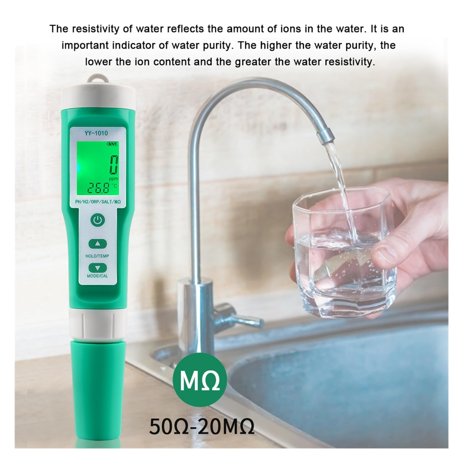 Medidor de calidad del agua 10 en 1: pH, CE, TDS, ORP, H₂, sal, fertilidad, SG, MΩ y temperatura.