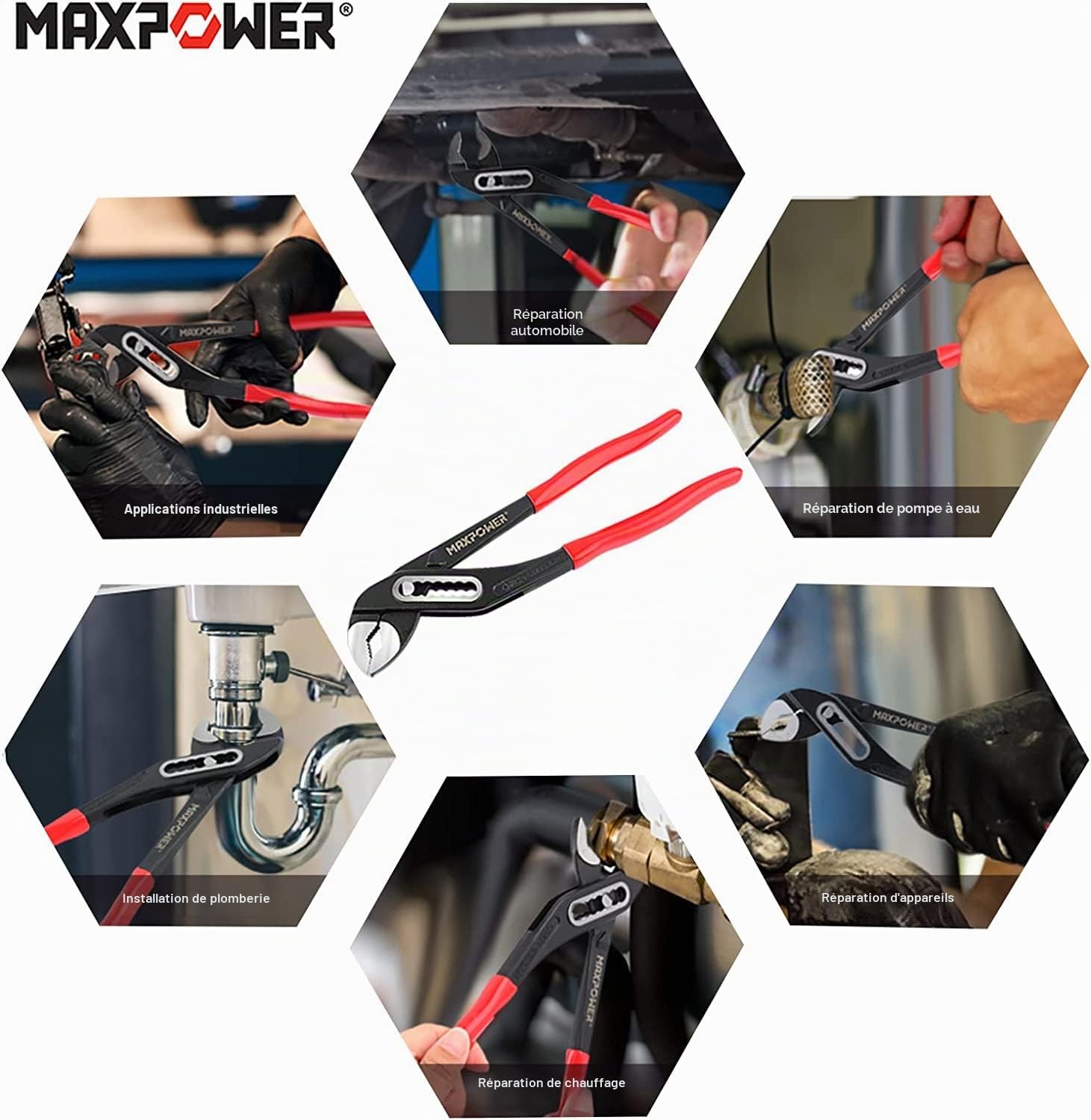 MAXPOWER Pince Multiprise Réglable 250mm – Ouverture 90mm, Acier Cr-V, Antidérapante, Pince Plombier Professionnelle pour Tuyaux & Écrous