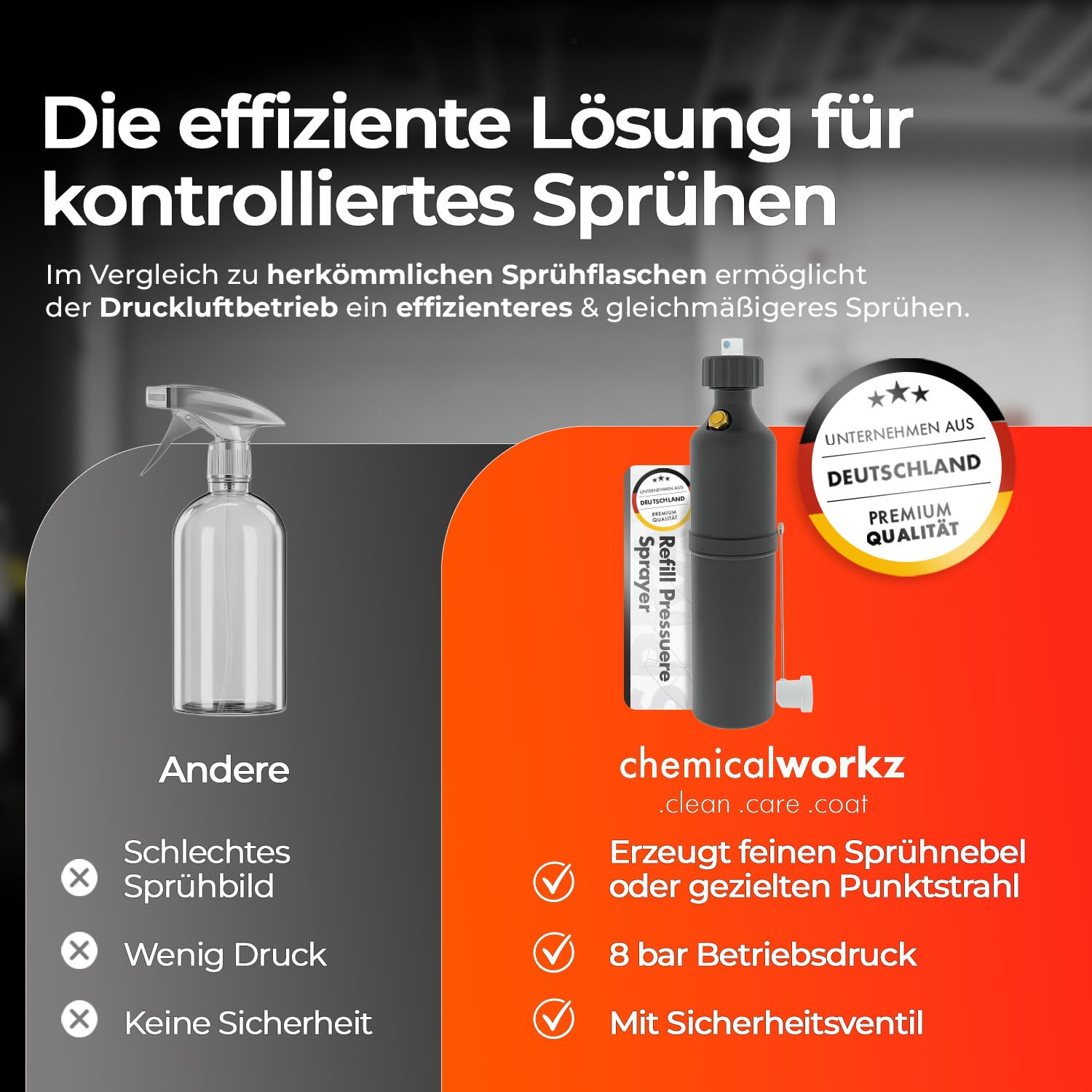 chemicalworkz Druckluft Sprühflasche 200 ml | Refill Pressure Sprayer mit 8 bar, Sicherheitsventil und 2 Düsen für Sprühnebel & Punktstrahl | Wiederbefüllbares Drucksprühgerät für Auto & Werkstatt