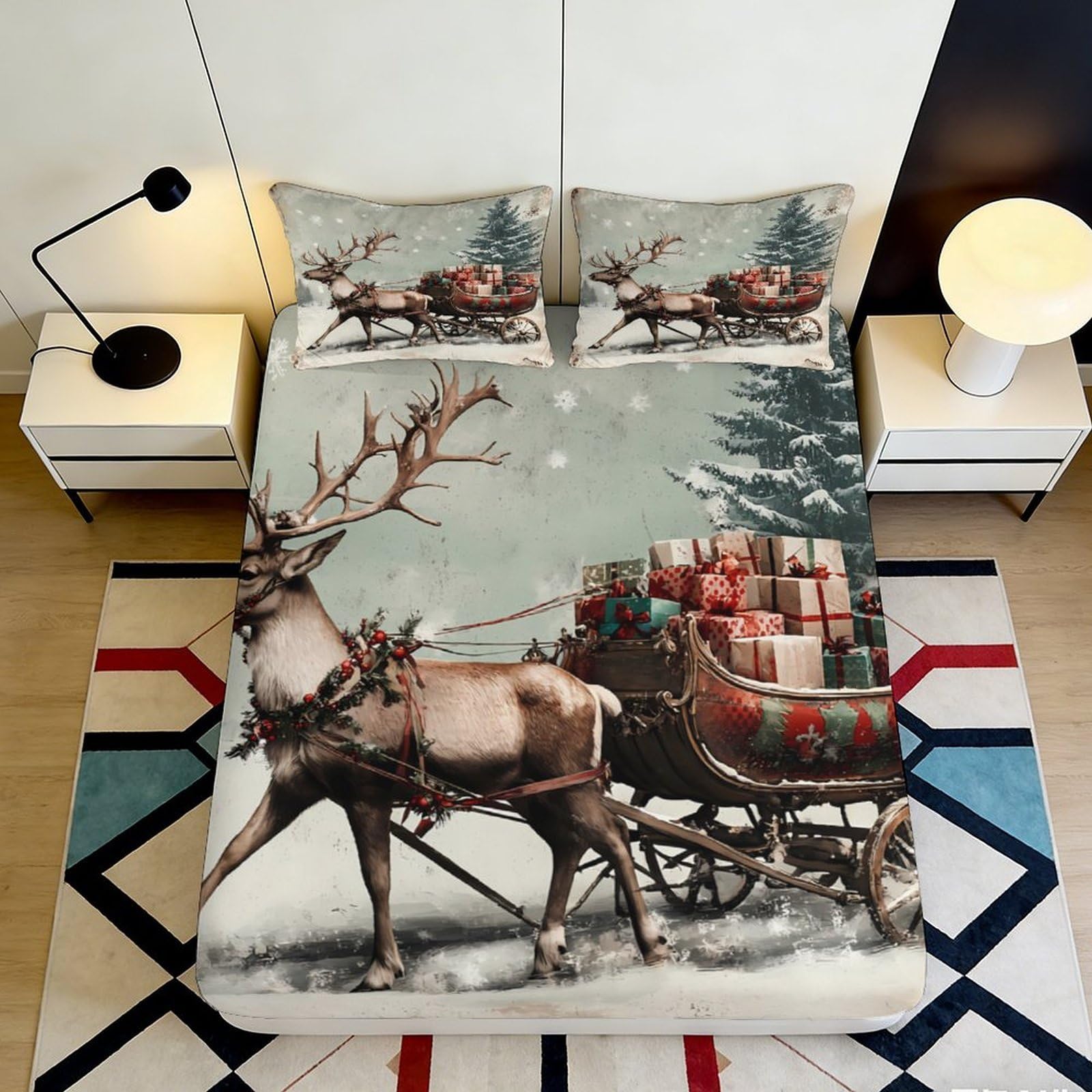 3D Printed Reindeer Sleigh Fitted Sheet Microfiber Christmas Tree Bed Sheet for Bedroom Guest Room Decor Protection 90x200x25cm