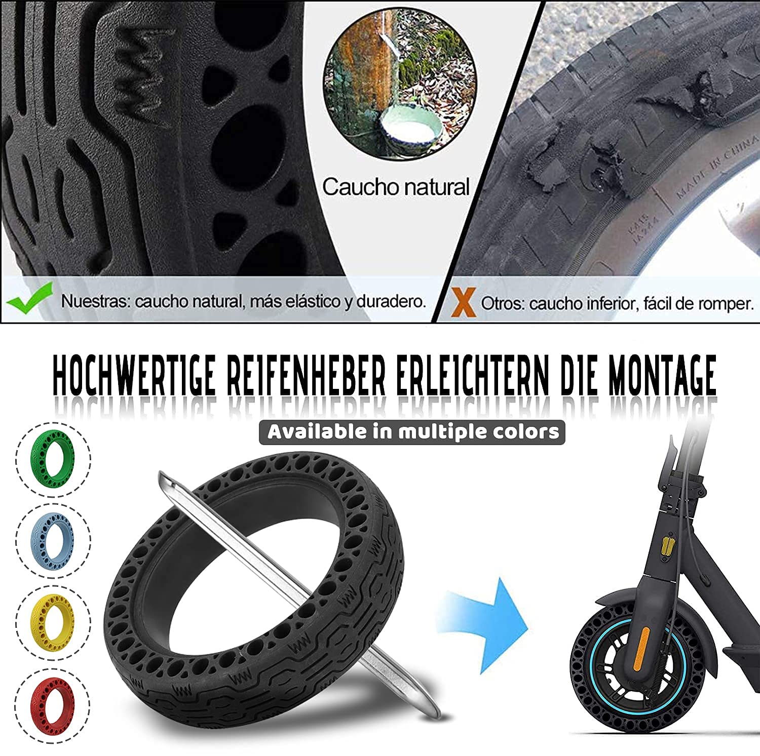 Pneu Solide - Tubes Solides à Trou en Nid d'abeille Pneus de Rechange 2 PCS avec 1 Démonte-Pneu pour Scooter électrique - Antidérapant Durable - Plusieurs Couleurs