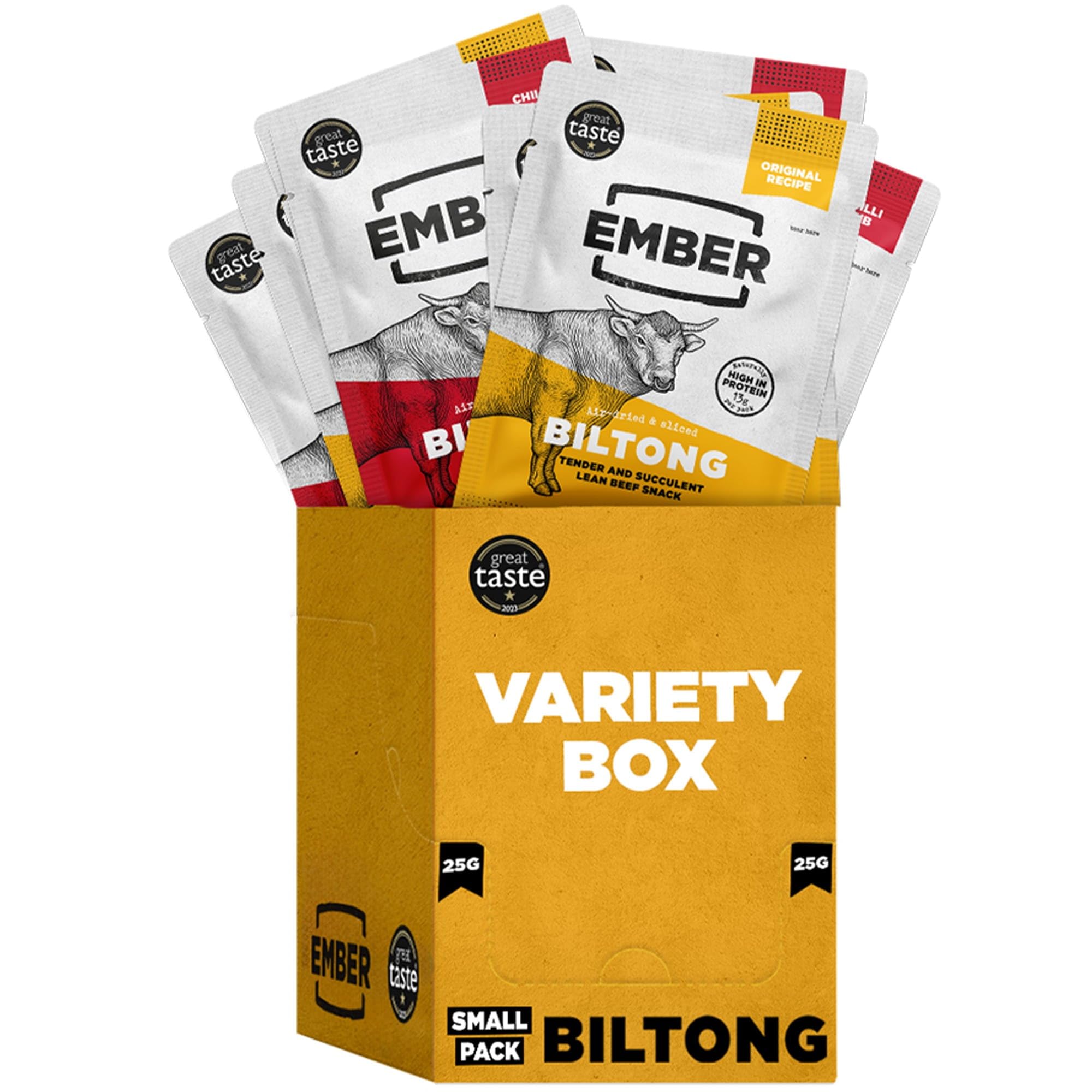 Ember Beef Biltong 250g - High Protein Meat Jerky Snack - Ready to Eat, Low Fat, No Added Sugar, Keto, No Artificial Flavours - Box of 10 x 25g Packs (Original & Chilli) from a Family-Run UK Business