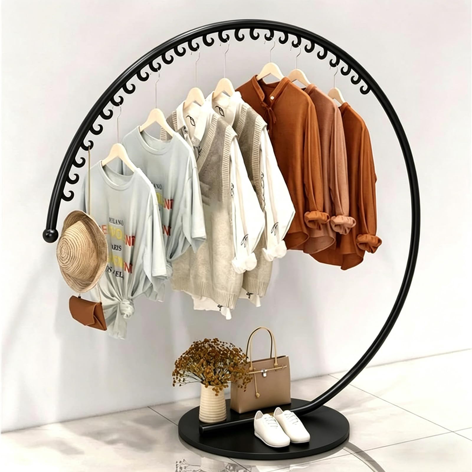 Porte-manteau en forme de C – Porte-vêtements commercial avec 26 anneaux – Gain de place, solide, charge 60 kg – Pour chambre, couloir, boutique (noir, 160x150cm)
