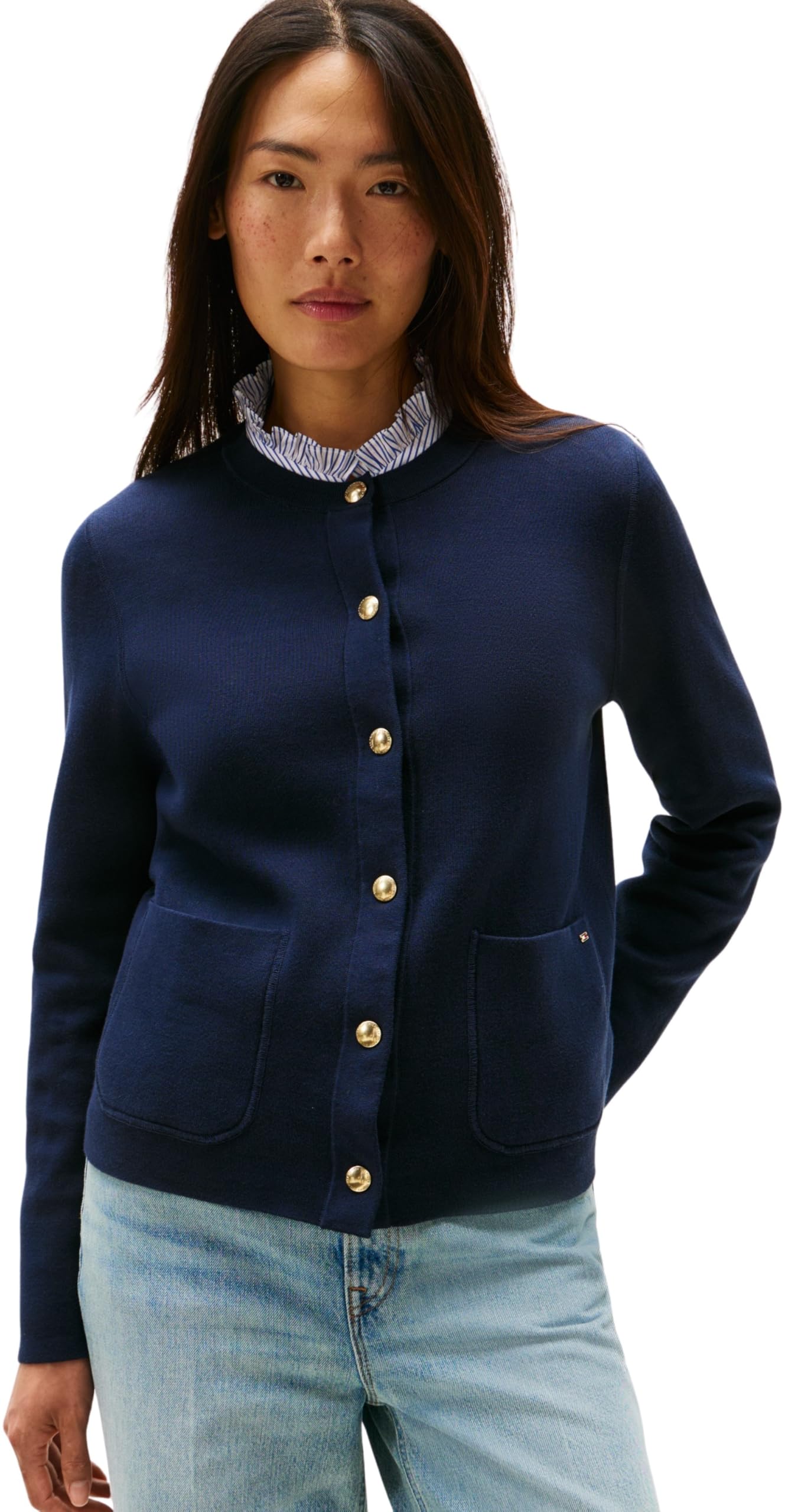 Tommy Hilfiger Women's Cotton Jersey Reversible Cardigan with Button Placket, Blue (Br STP Navy/Dark Night Navy), XL