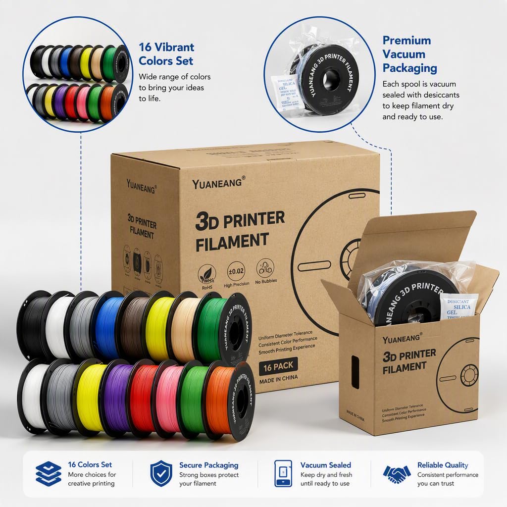 Lot de filaments PLA pour imprimante 3D, filament PLA unicolore, 1,75 mm, pour la plupart des imprimantes 3D FDM, 1 kg x 16 bobines